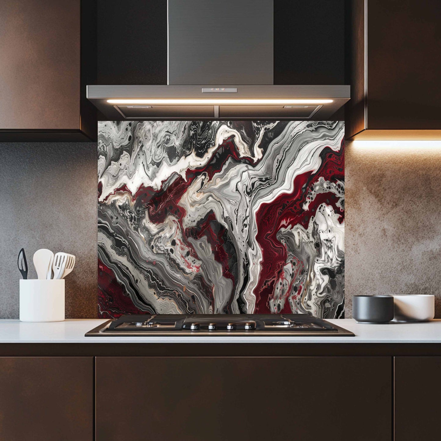 Glass Kitchen Backsplash – Red Black Marble Abstract Splashback for Stove