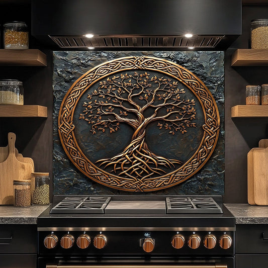 Celtic Tree of Life Glass Backsplash – Bronze Kitchen Backsplash for Stove