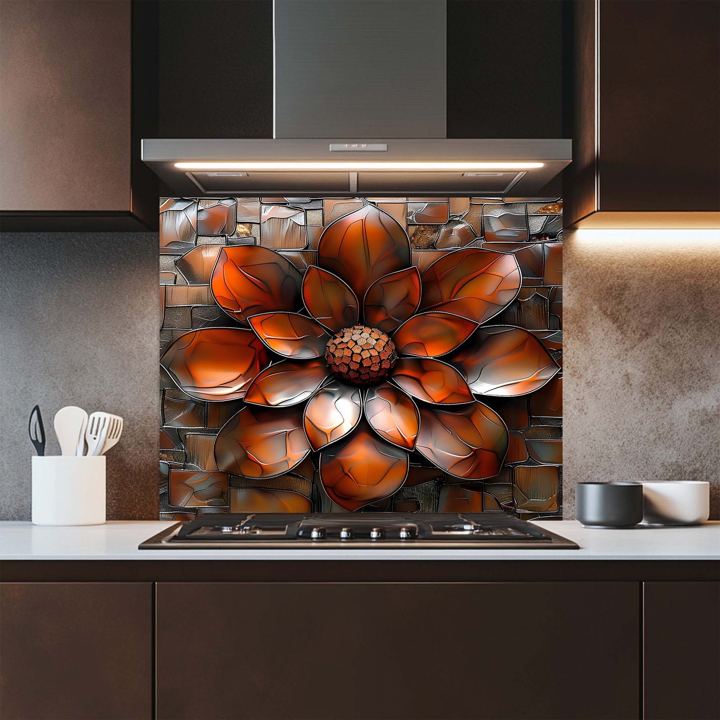 Burnt Petal – Tempered Glass Backsplash for Kitchen | Copper Look Flower Backsplash
