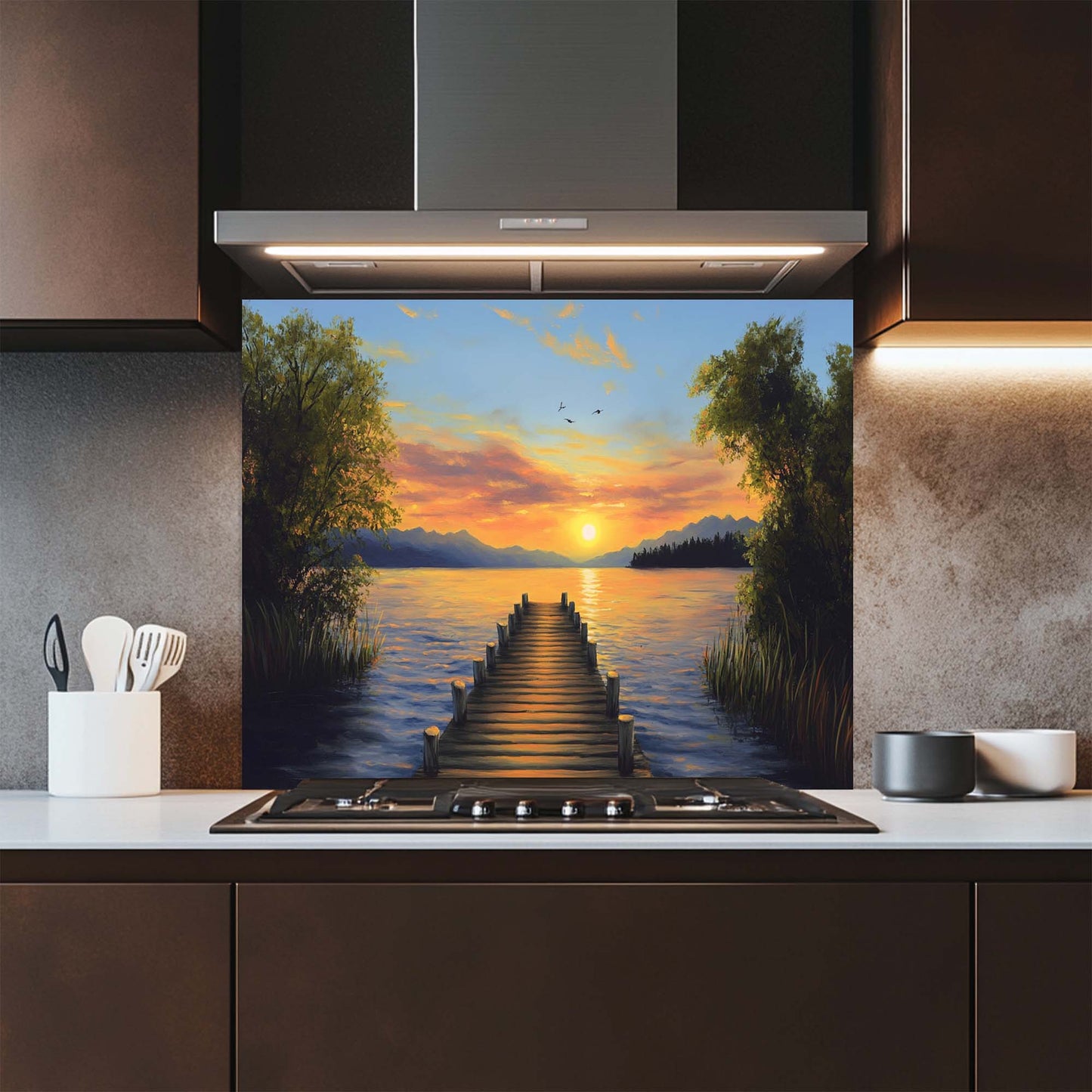 Golden Dock – Tempered Glass Backsplash for Kitchen Stove | Lakeside Sunset Backsplash