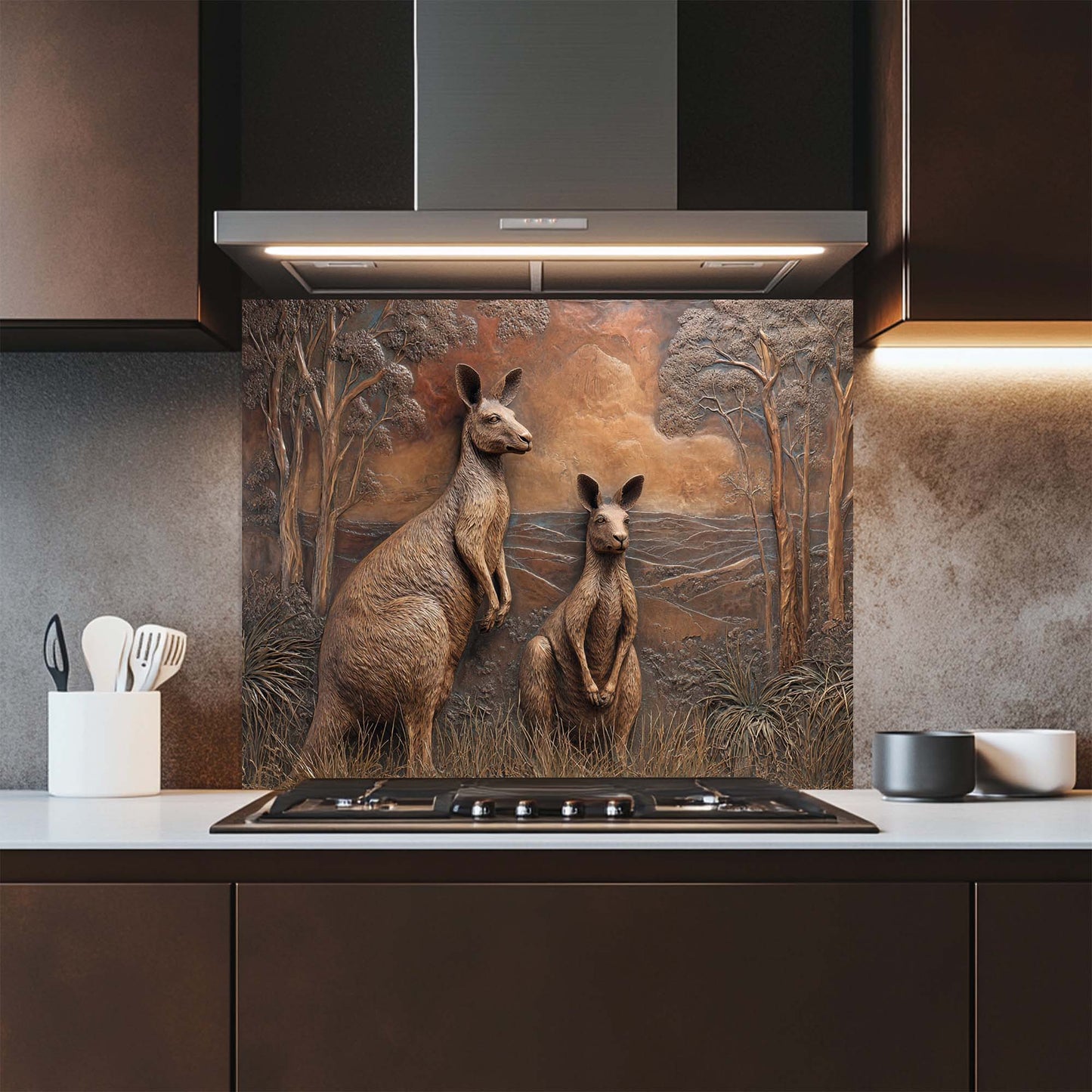 Copper Kangaroos – Tempered Glass Backsplash for Kitchen Stove | Wildlife Backsplash