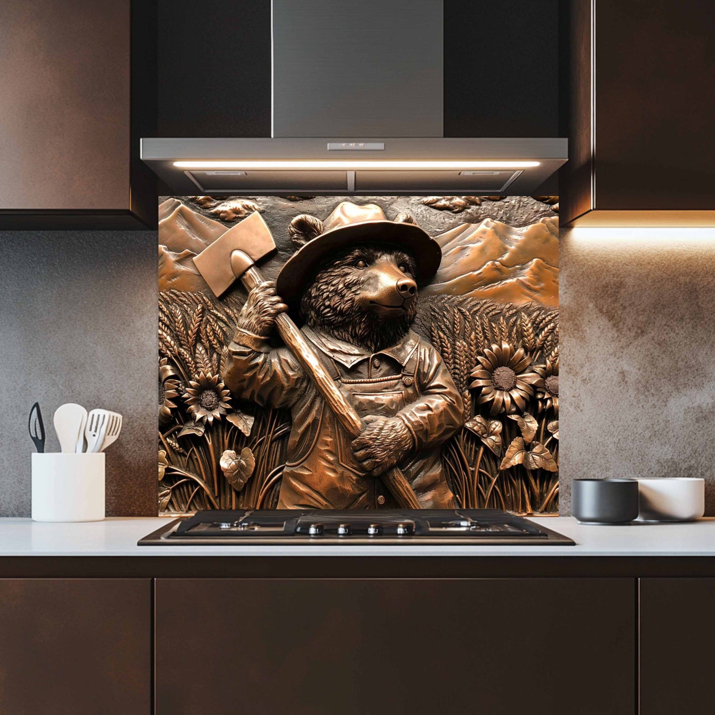 Farmer Bear Tempered Glass Backsplash – Copper Look Backsplash for Rustic Kitchen