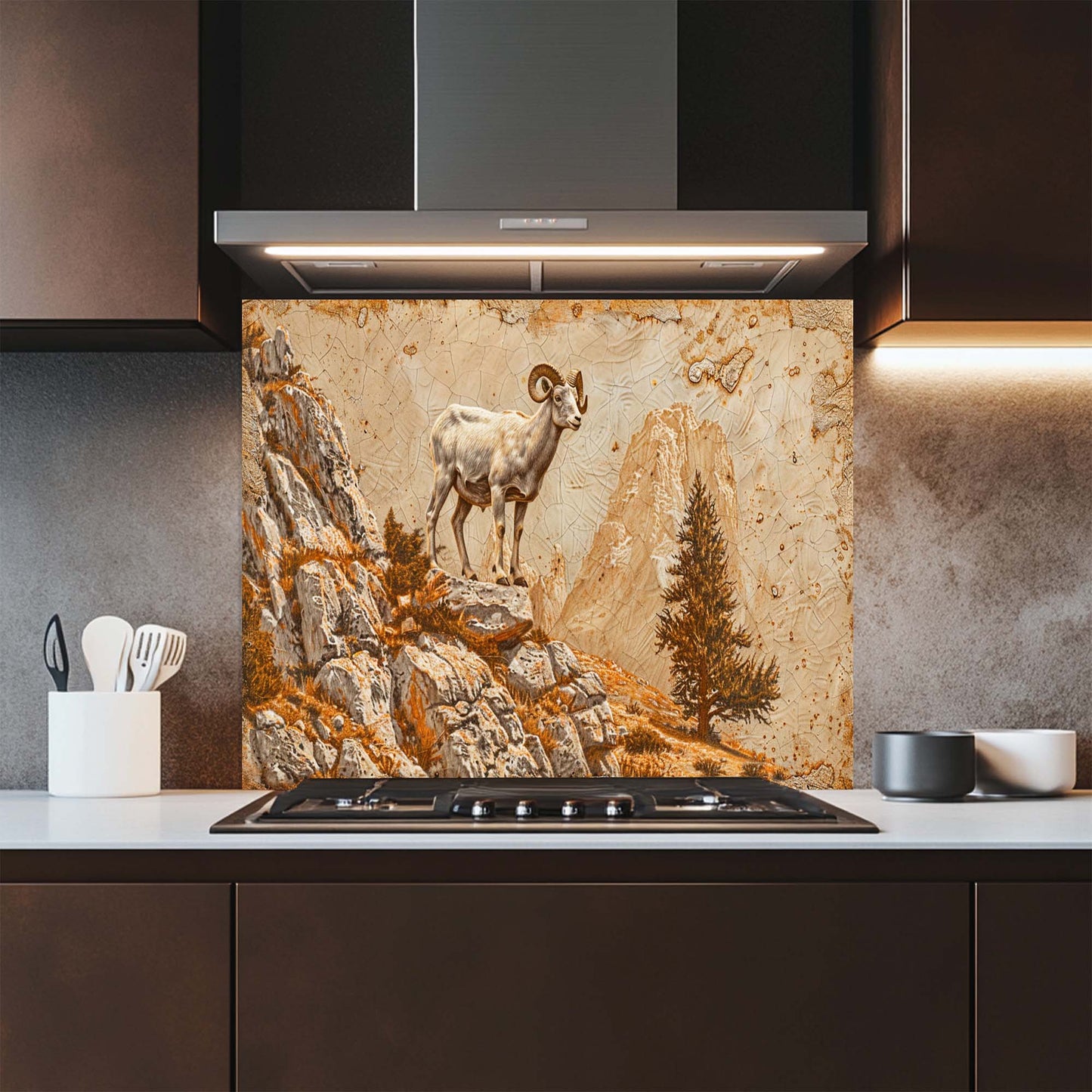 Mountain Pride – Tempered Glass Backsplash for Kitchen | Wild Ram on Rocky Cliff Backsplash