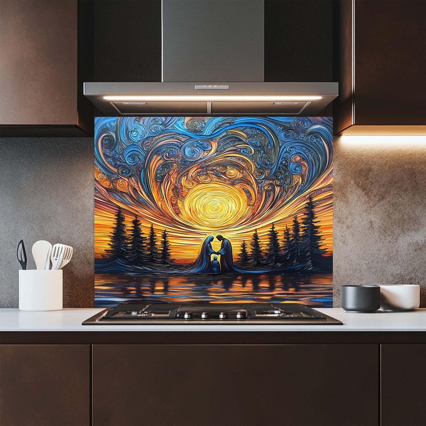Sacred Light – Tempered Glass Backsplash for Kitchen Stove | Holy Family Sunset Backsplash