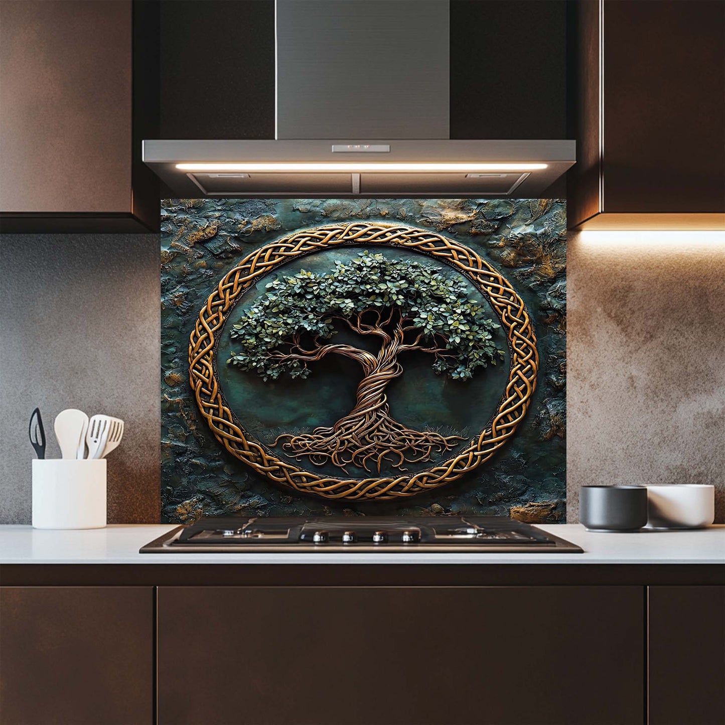 Emerald Roots – Tree of Life Tempered Glass Backsplash | Copper Celtic Kitchen Backsplash
