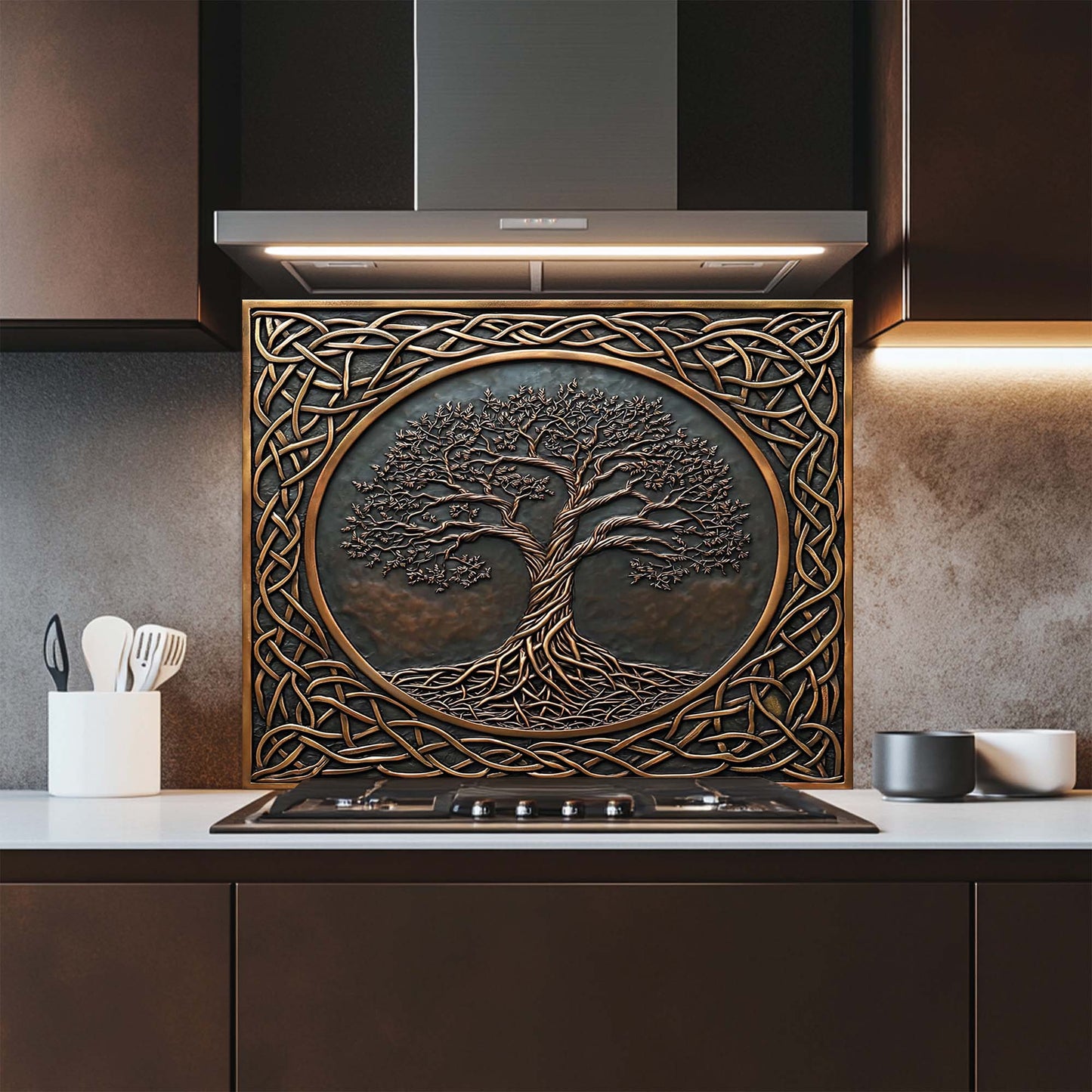 Timeless Root – Tempered Glass Backsplash for Stove | Tree of Life Copper Look Backsplash