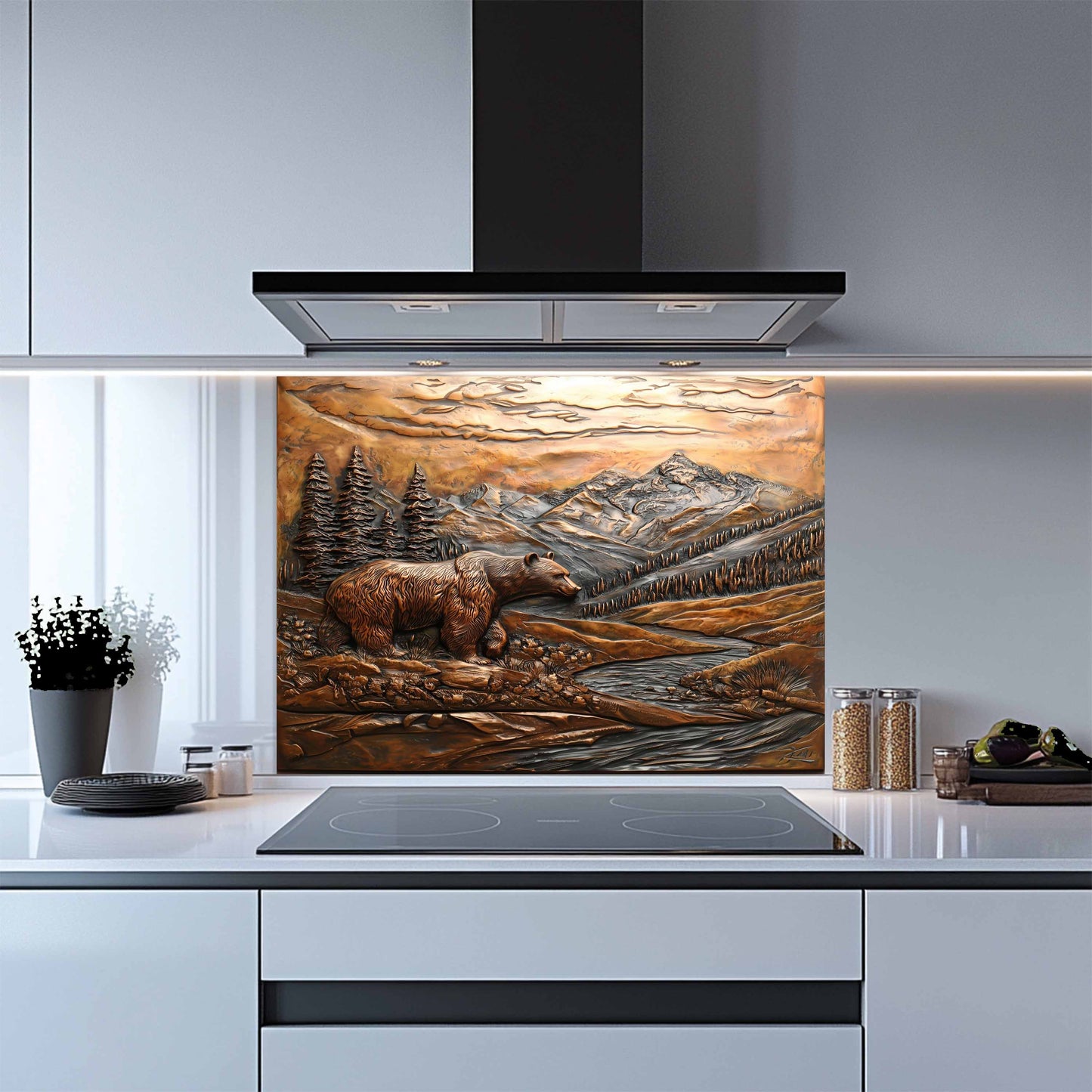 Bronze Grizzly Tempered Glass Backsplash – Mountain Bear Kitchen Backsplash Panel