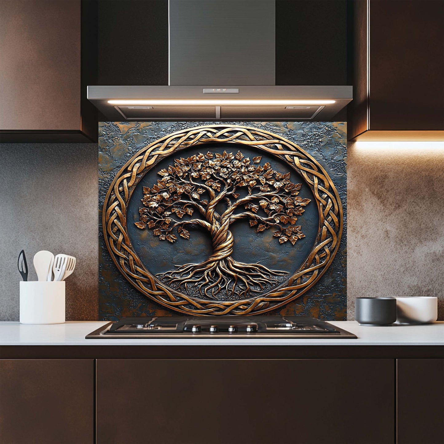Rooted Soul – Tempered Glass Backsplash for Stove | Tree of Life Copper Look Backsplash