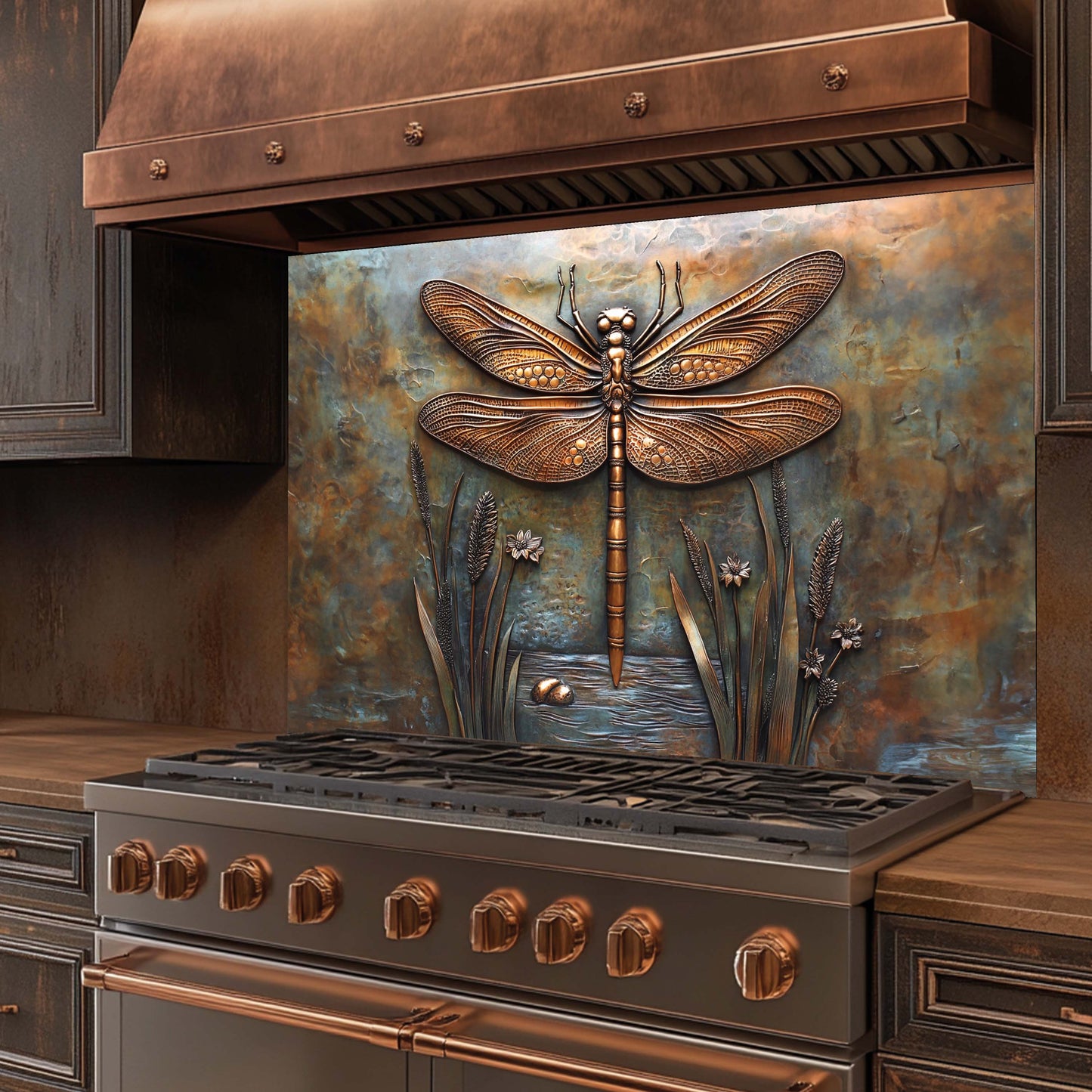 Copper Look Dragonfly Tempered Glass Backsplash – Metallic Finish Kitchen Backsplash