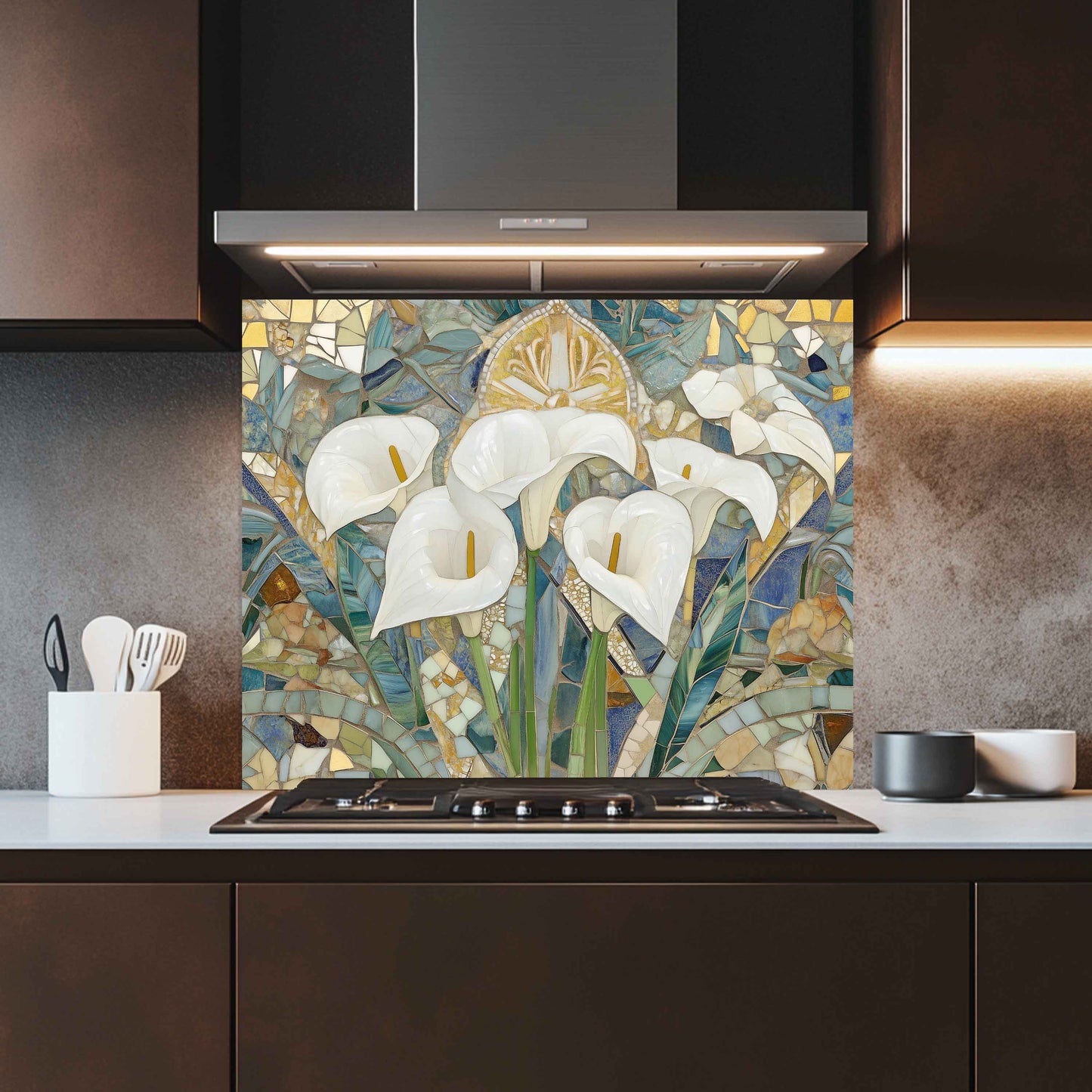 Kitchen Glass Backsplash with Calla Bloom Mosaic Design
