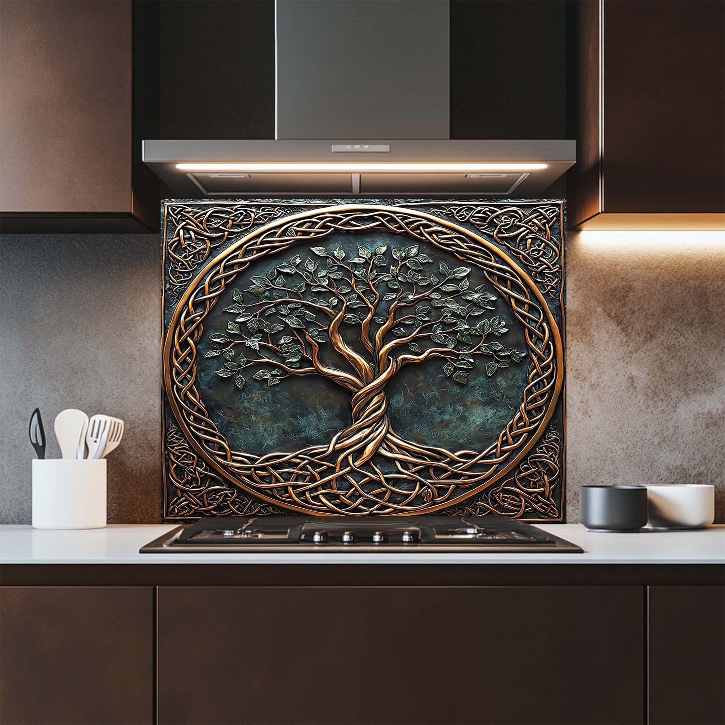 Celtic Roots – Tempered Glass Backsplash for Kitchen Stove | Tree of Life Copper Look Backsplash