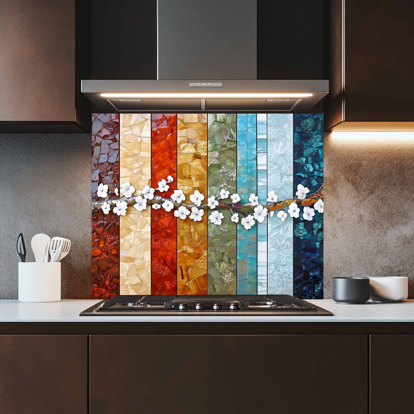 Glass Kitchen Backsplash – Blossom Spectrum Mosaic With Cherry Flower Branch