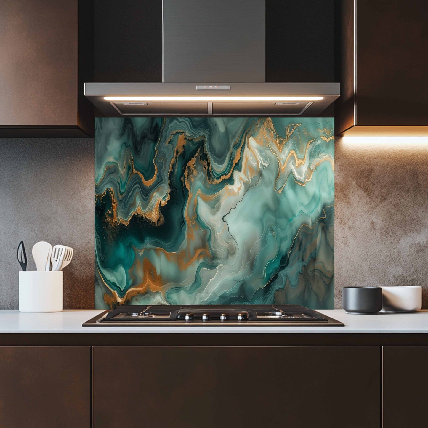 Glass Kitchen Backsplash – Emerald Marble Gold Fluid Art Panel