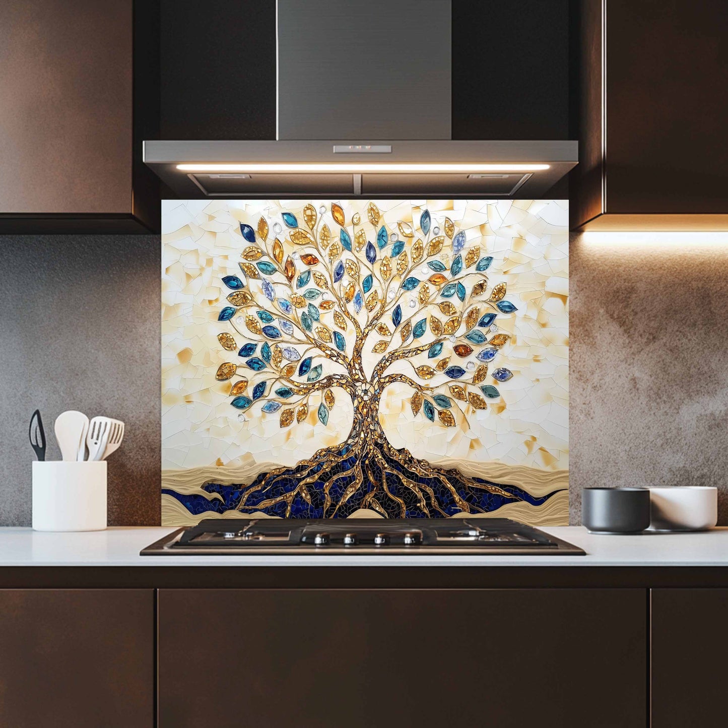 Custom Kitchen Backsplash – Golden Roots Tempered Glass Stove Backsplash