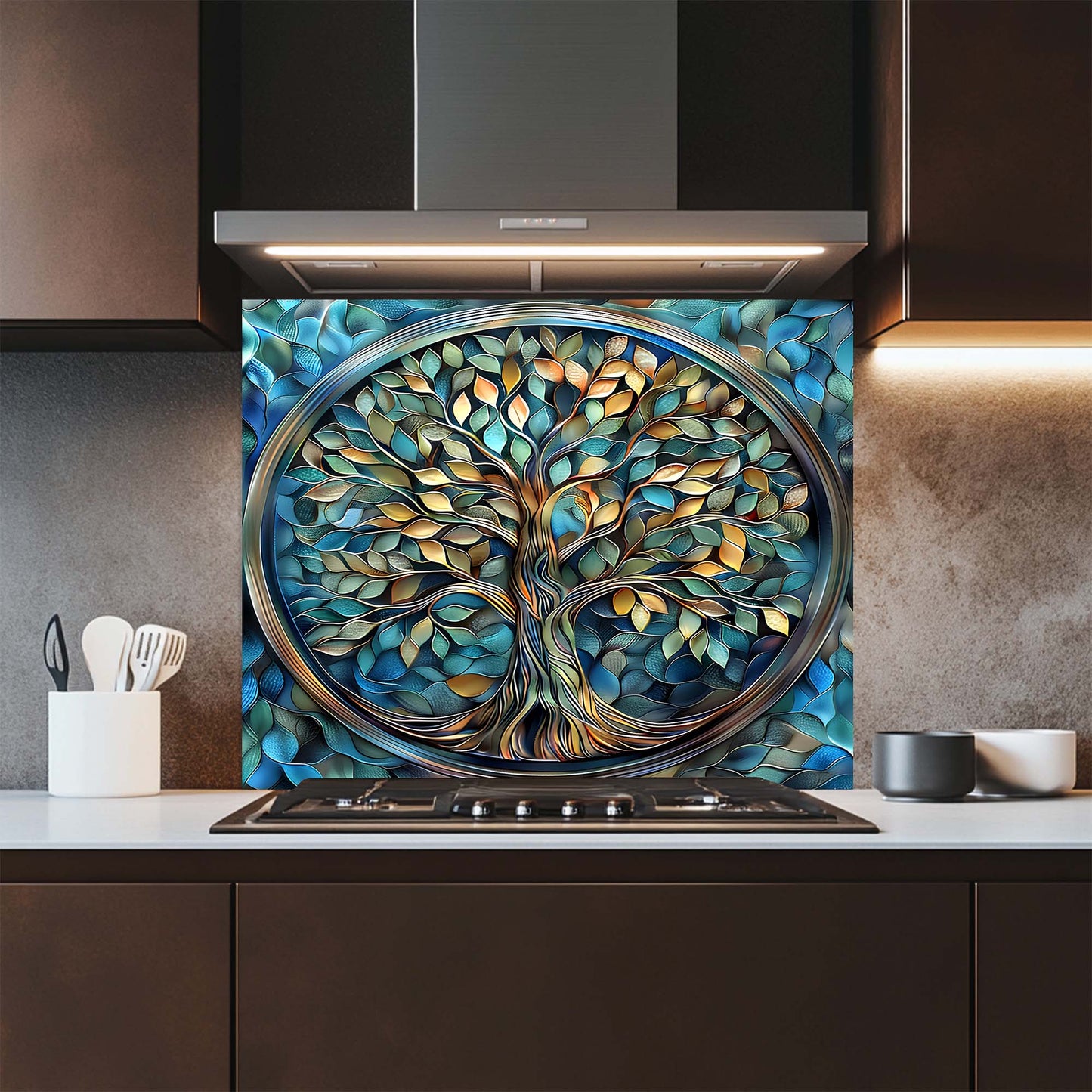 Aqua Roots – Tempered Glass Backsplash for Kitchen Stove | Tree of Life Backsplash