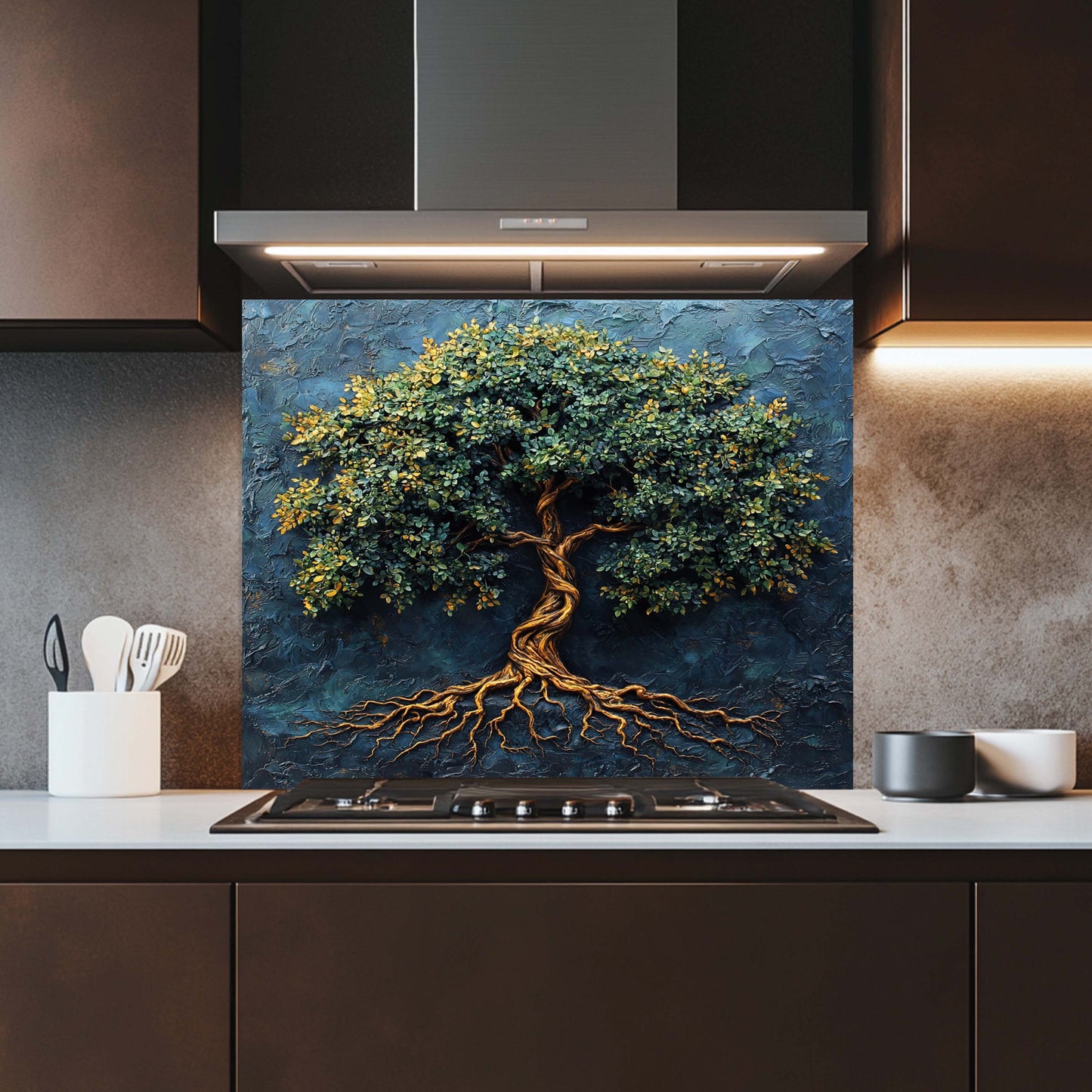 Blue Tree of Life Tempered Glass Backsplash – Kitchen Stove Backsplash
