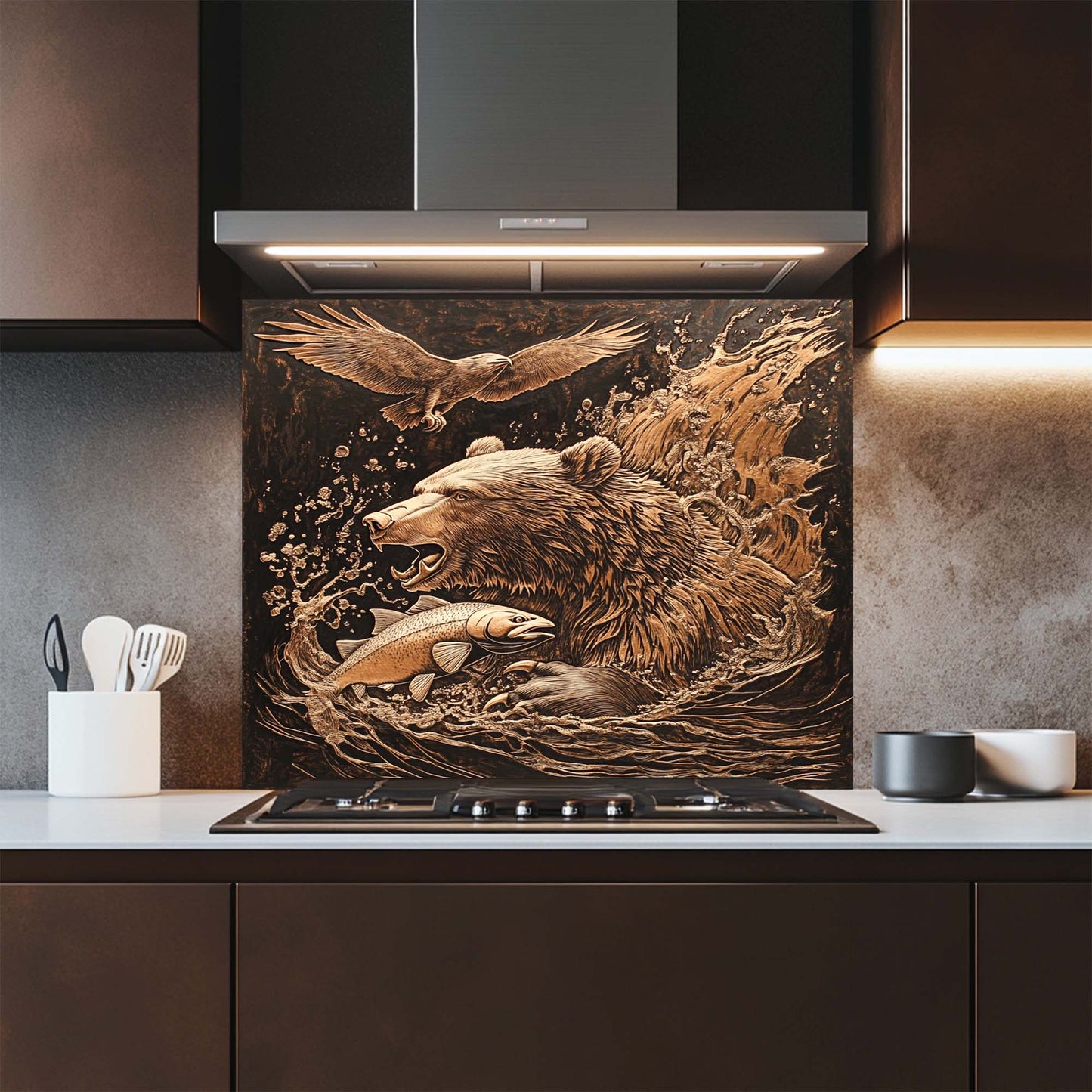 Wild Hunt – Tempered Glass Backsplash for Kitchen Stove | Bear Catching Fish in River Scene