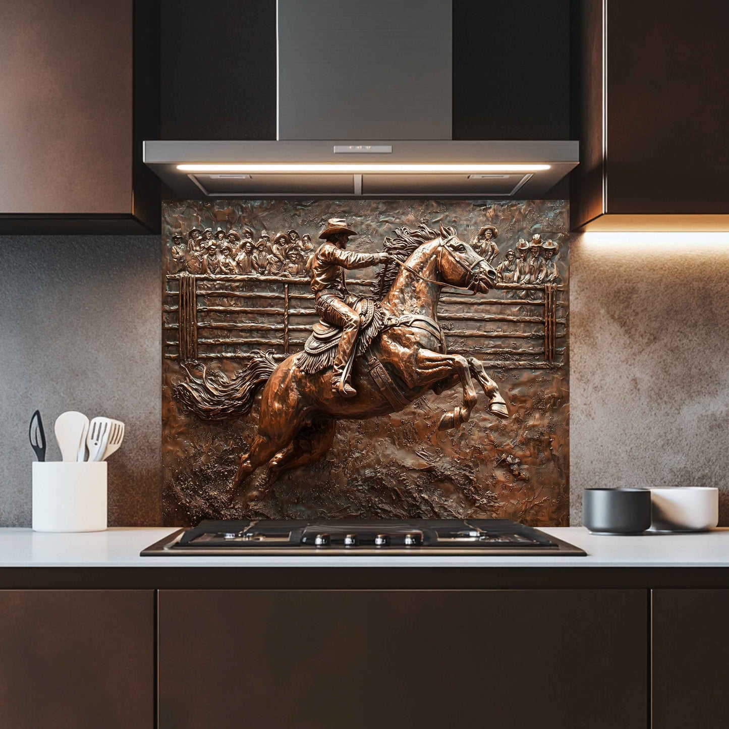 Western Tempered Glass Backsplash for Kitchen | Copper-Look Cowboy & Rodeo Scene