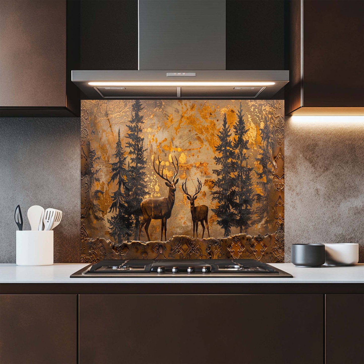 Copper Crest – Tempered Glass Backsplash for Kitchen | Stag & Forest Design Backsplash