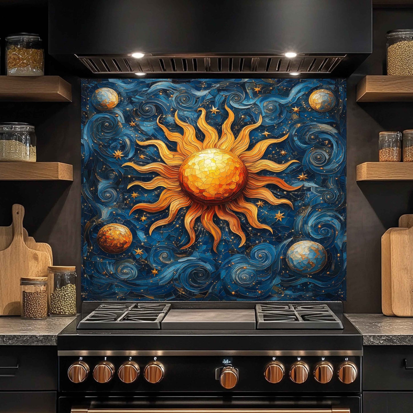Solar Waltz Tempered Glass Backsplash – Cosmic Sun and Galaxy Kitchen Splashback