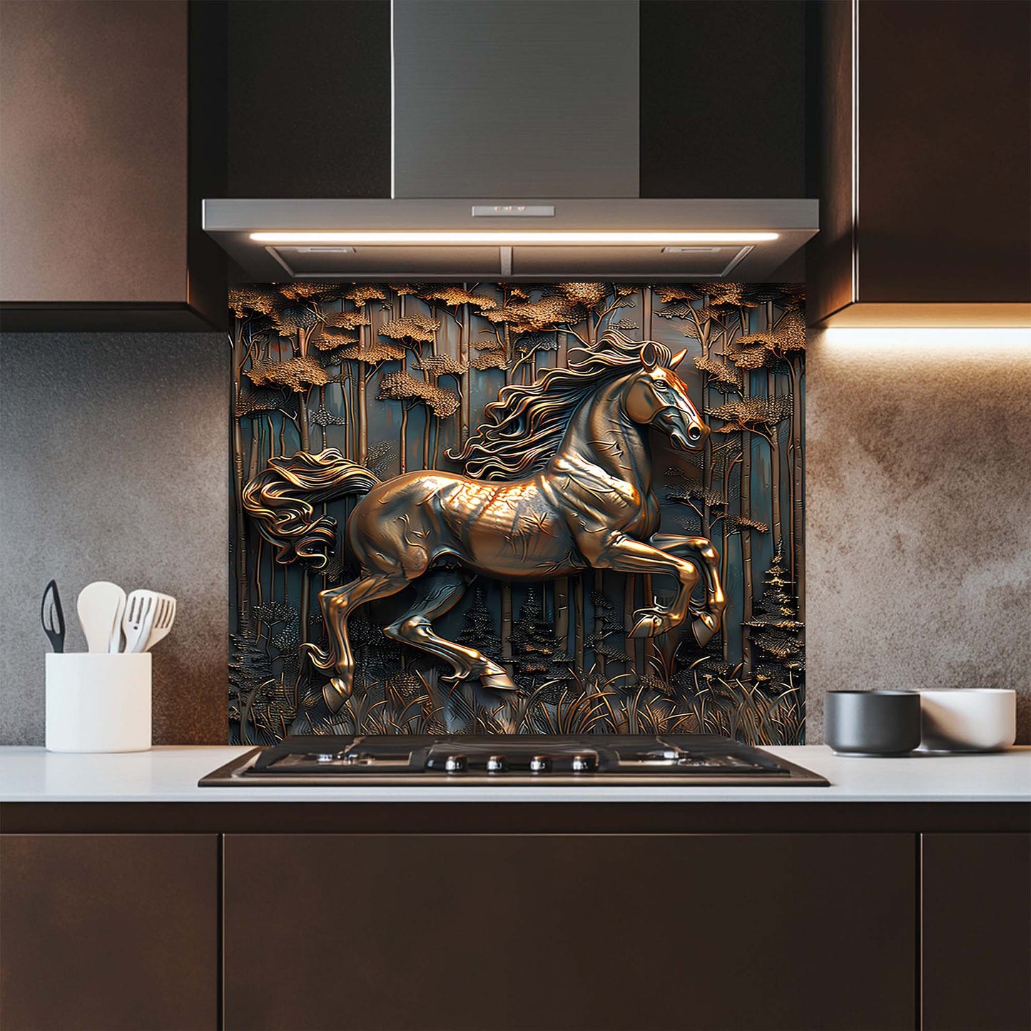 Wild Gallop – Tempered Glass Backsplash for Kitchen Stove | Copper Look Horse Backsplash