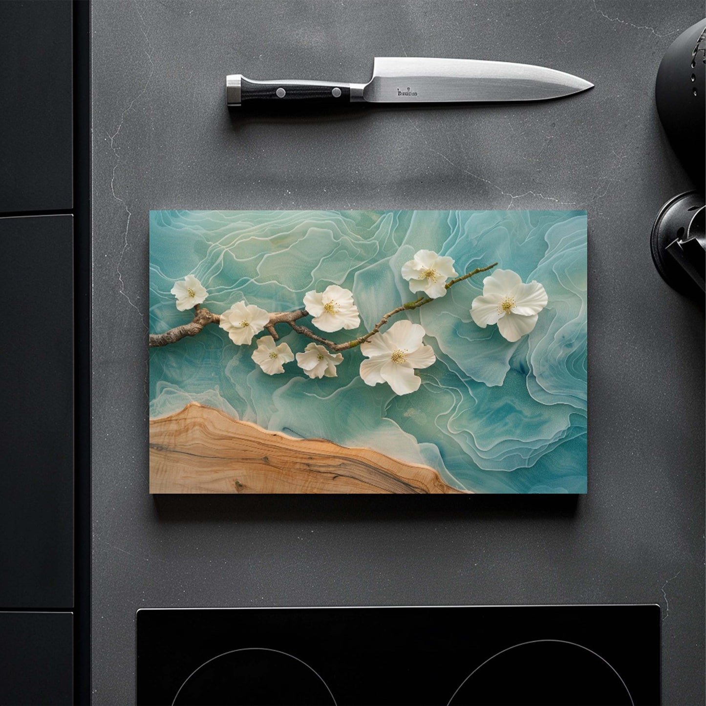 Tempered Glass Cutting Board – Glass Kitchen Board with Floral Epoxy Wave Design