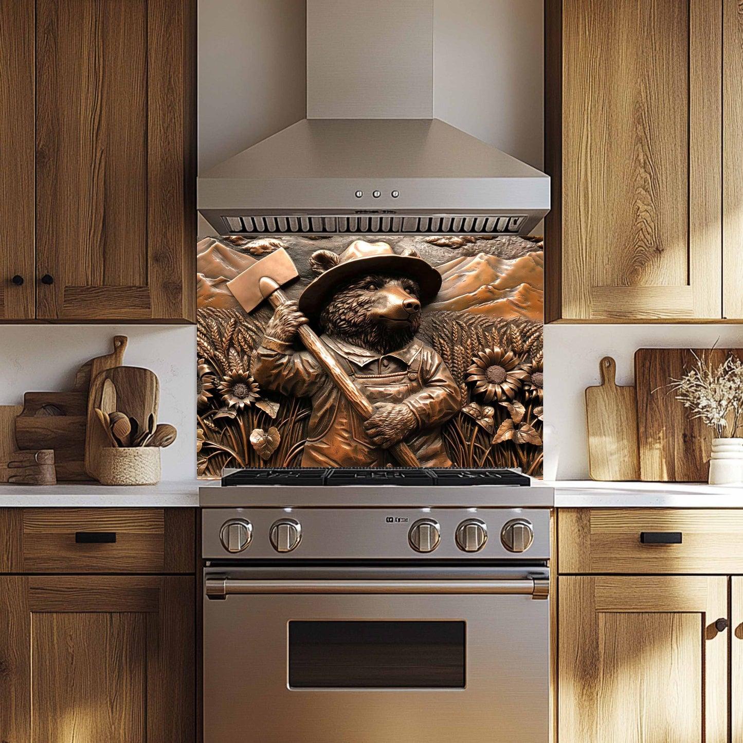 Farmer Bear Tempered Glass Backsplash – Copper Look Backsplash for Rustic Kitchen