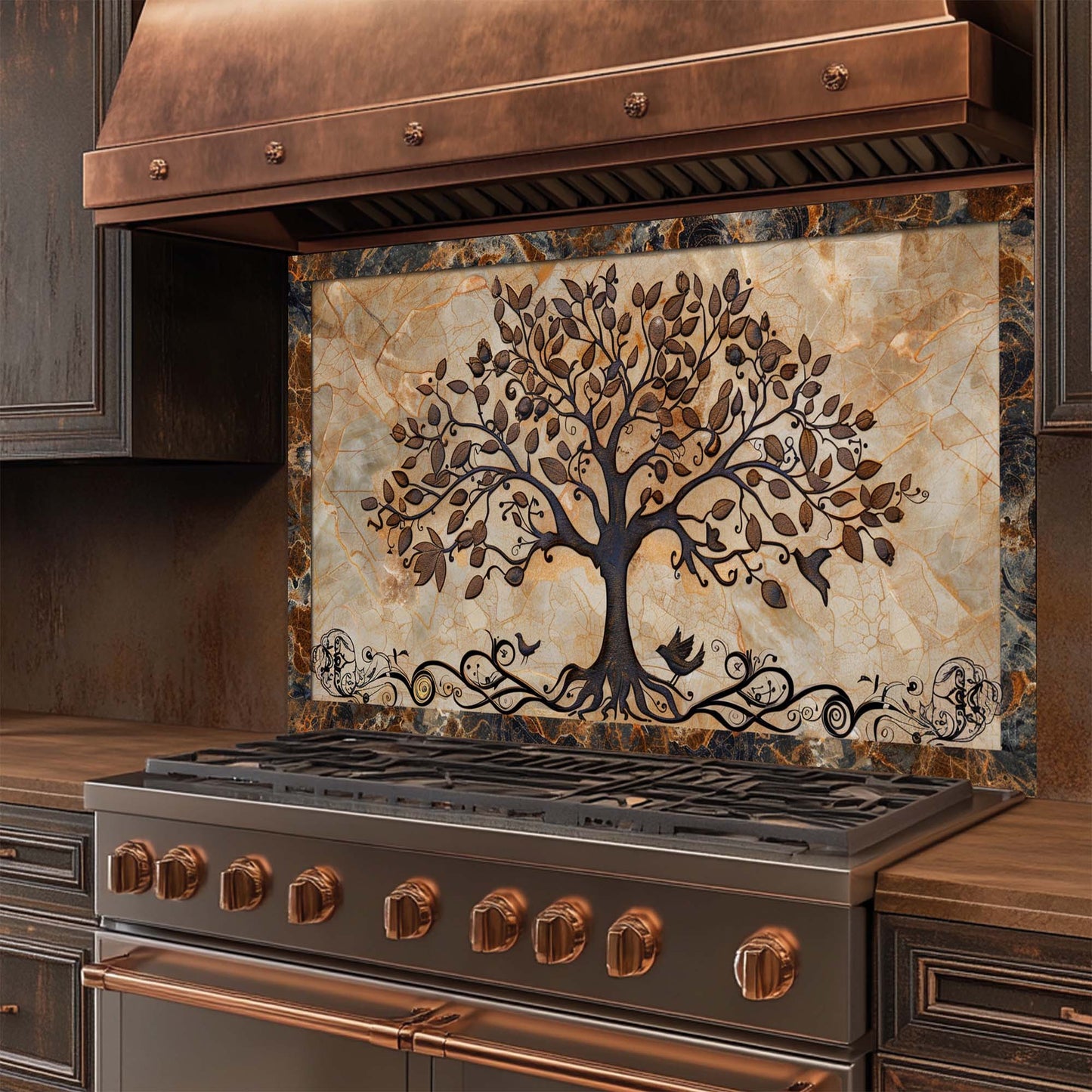 Rooted Melody – Tempered Glass Backsplash for Kitchen | Tree of Life with Birds Backsplash