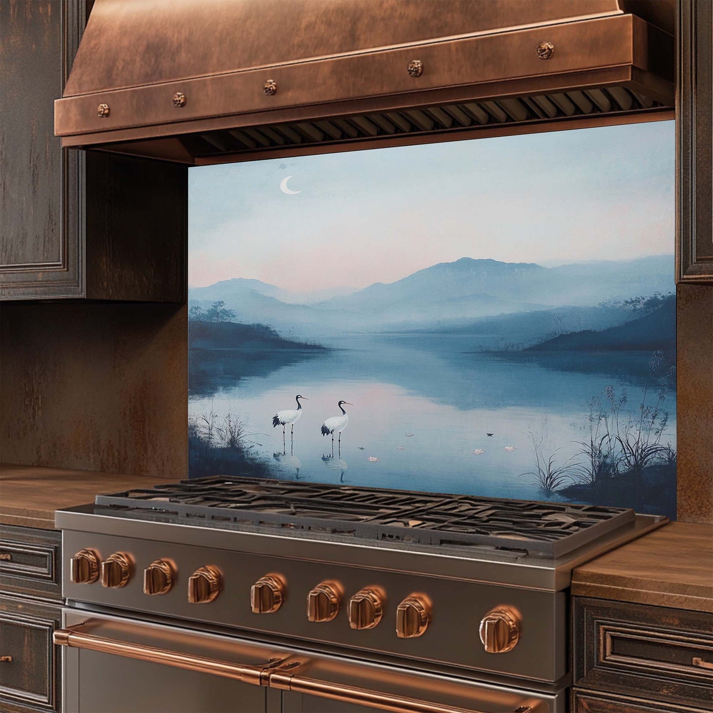 Moon Cranes – Tempered Glass Backsplash for Kitchen | Serene Lake Landscape Backsplash