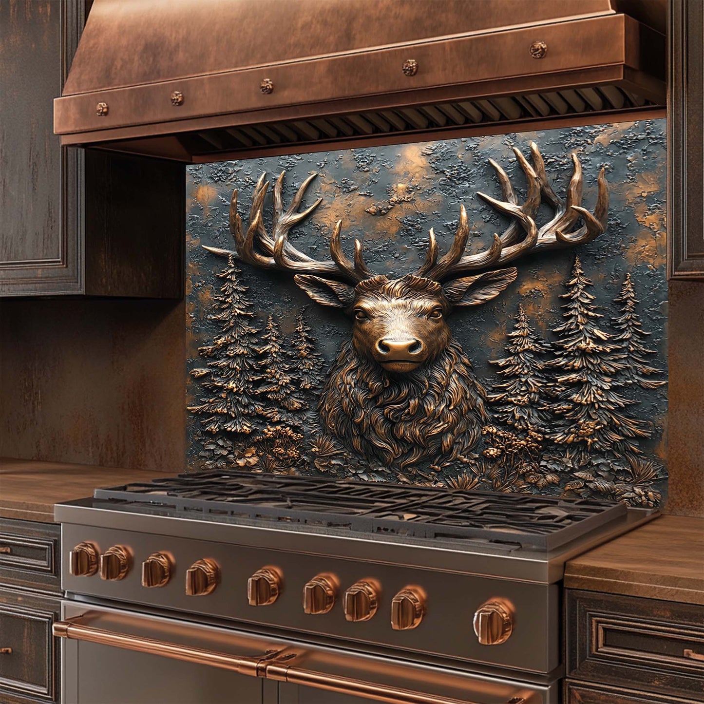 Stag Majesty – Tempered Glass Backsplash for Stove | Copper Deer Head Kitchen Backsplash