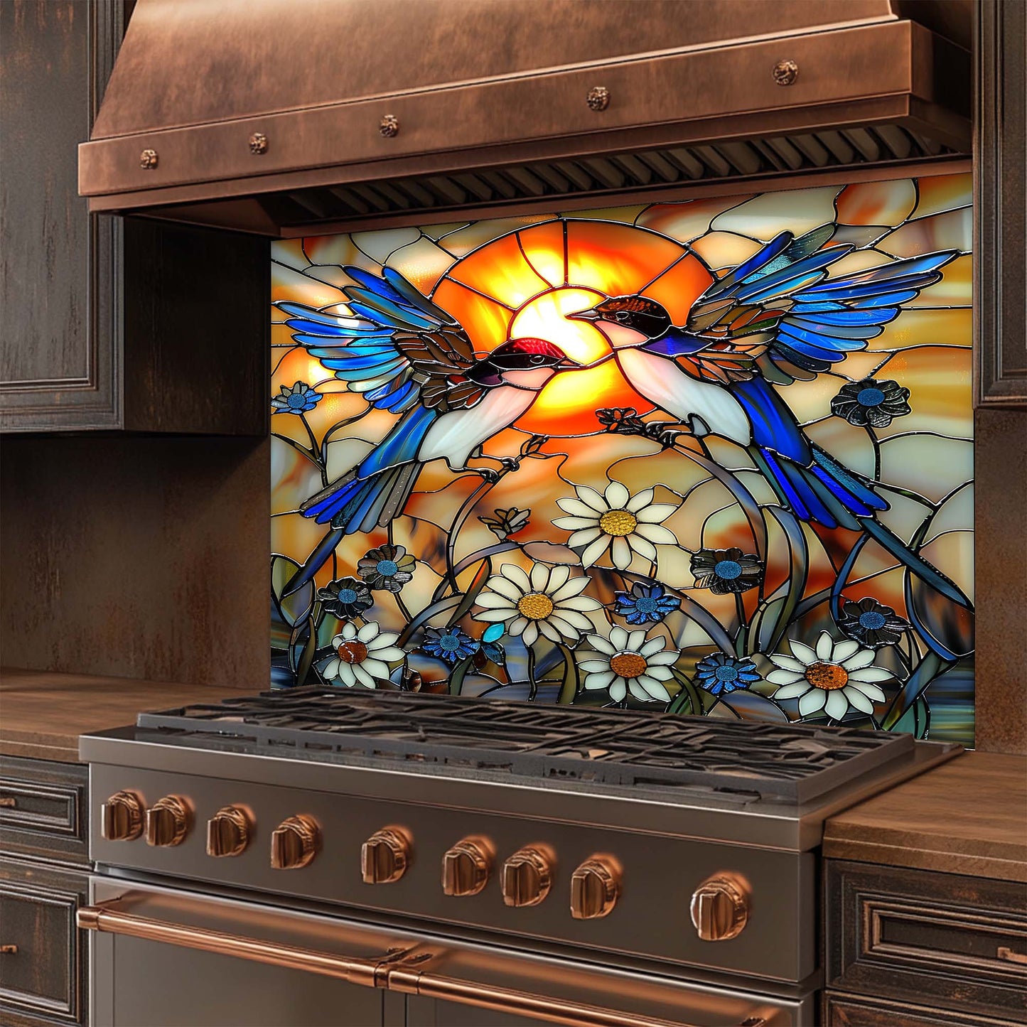 Sunset Song – Tempered Glass Backsplash for Kitchen Stove | Stained Glass Birds Backsplash