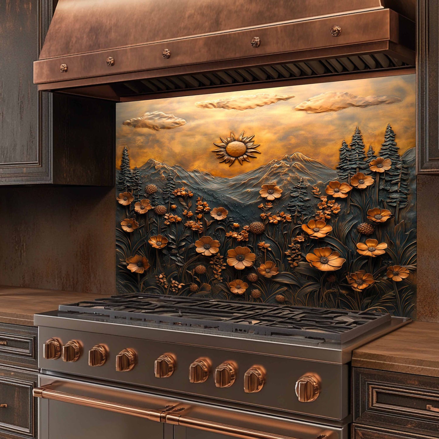 Golden Bloom Tempered Glass Backsplash – Floral Mountain Kitchen Stove Splashback