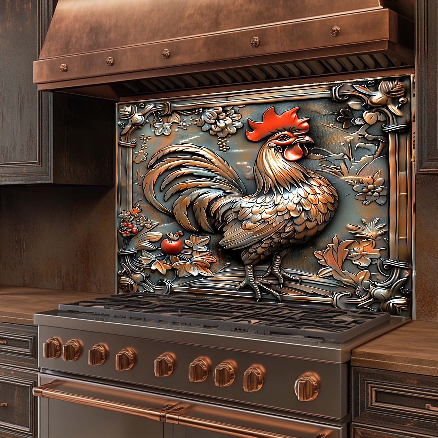 Copper Rooster – Tempered Glass Backsplash for Kitchen Stove | Copper Look Backsplash