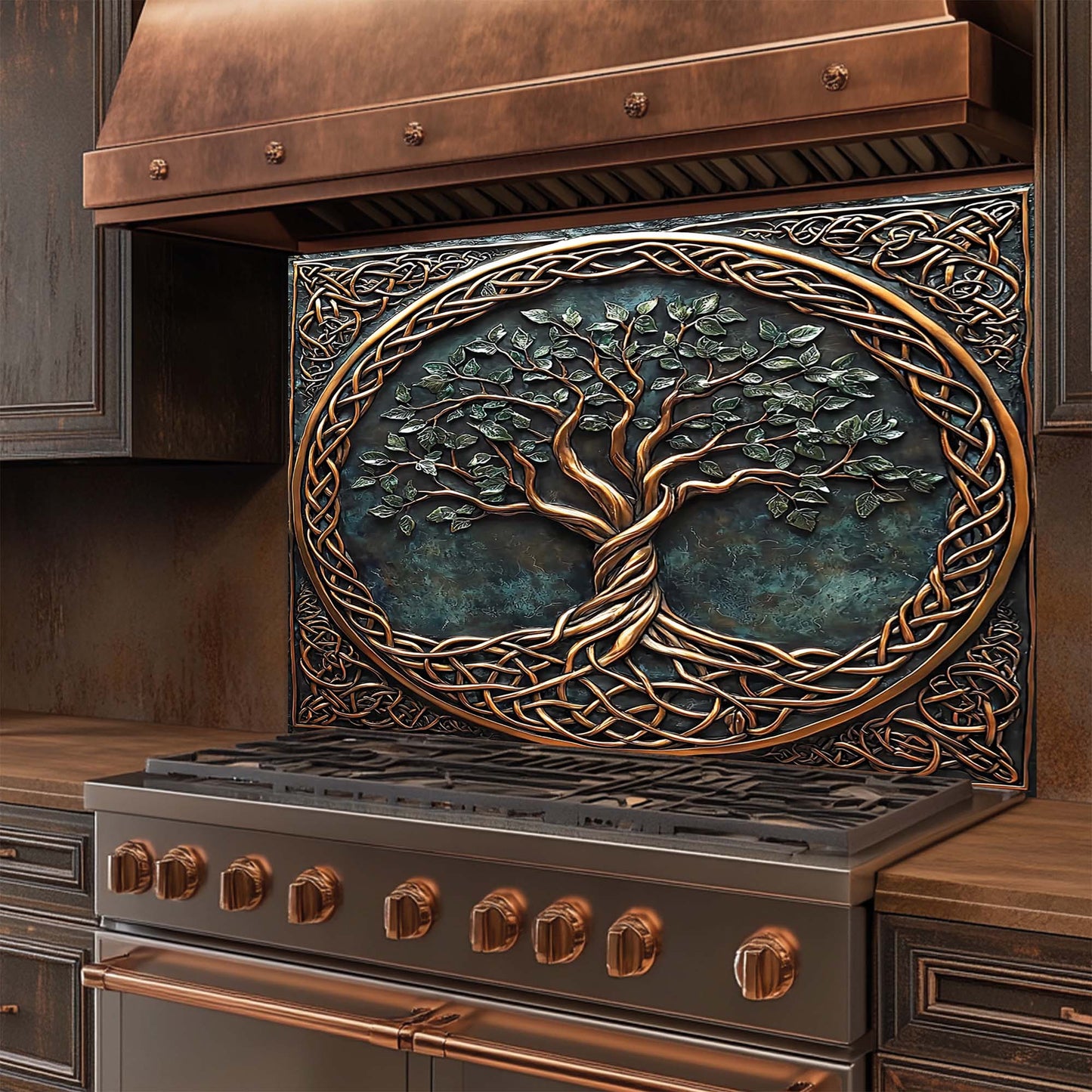 Celtic Roots – Tempered Glass Backsplash for Kitchen Stove | Tree of Life Copper Look Backsplash