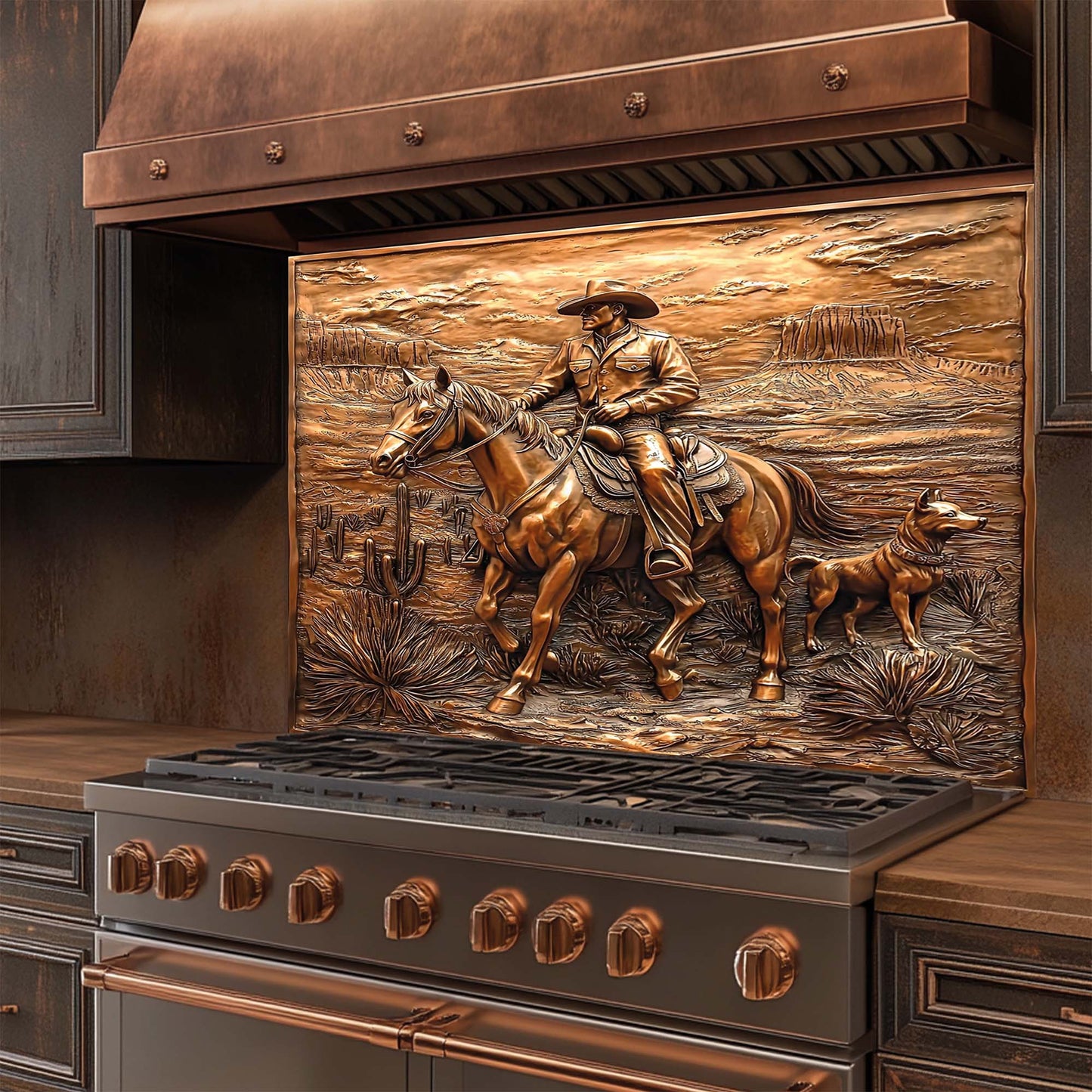 Cowboy Ride – Tempered Glass Backsplash for Kitchen | Horse Rider Copper Backsplash