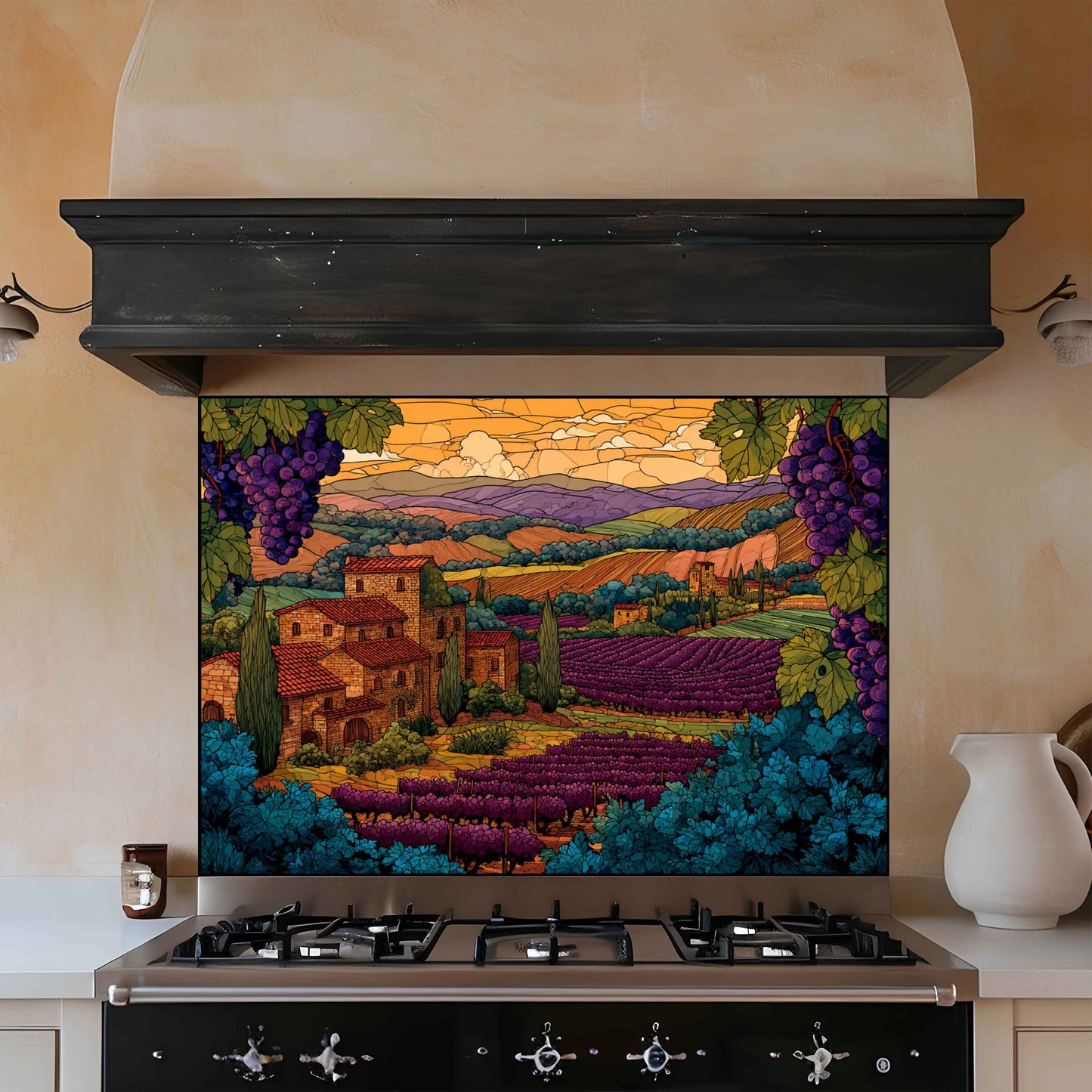 Tempered Glass Backsplash for Kitchen | Tuscan Vineyard & Sunset Countryside Scene