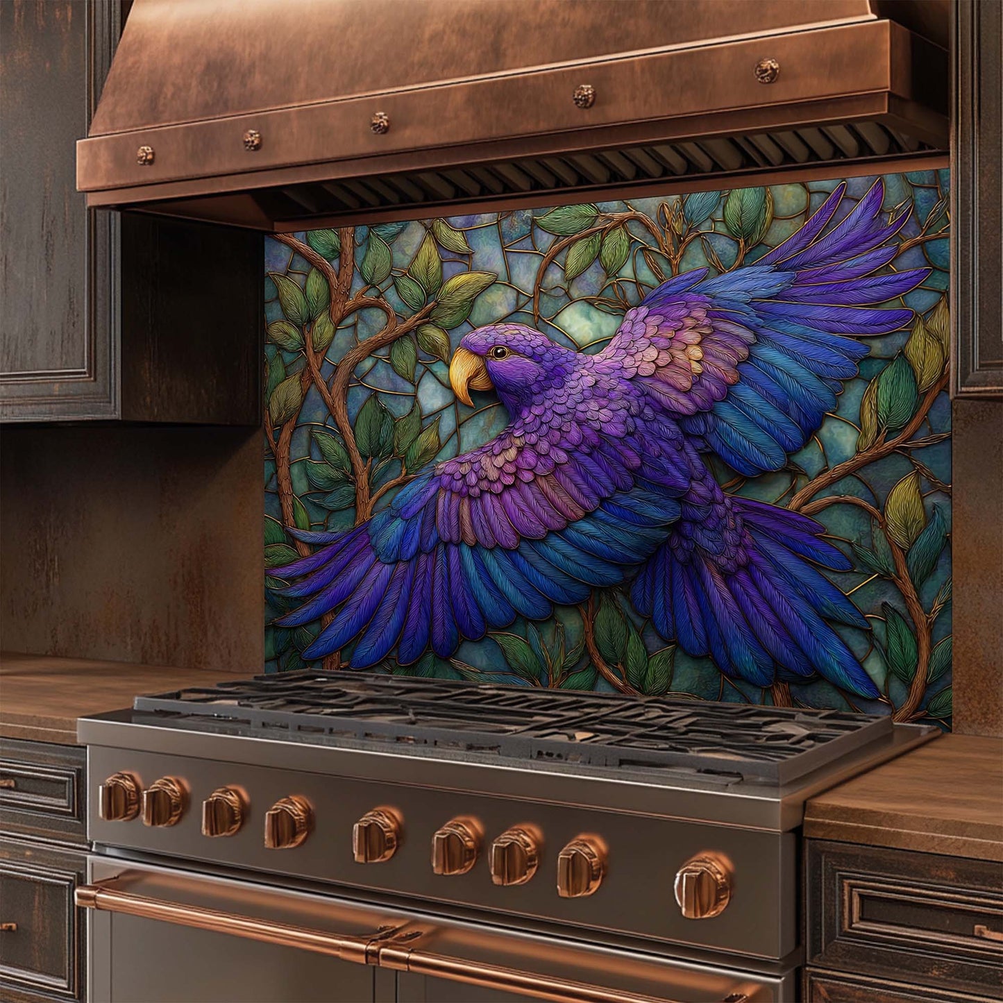 Azure Harmony – Tempered Glass Backsplash for Kitchen Stove | Purple Blue Bird Backsplash