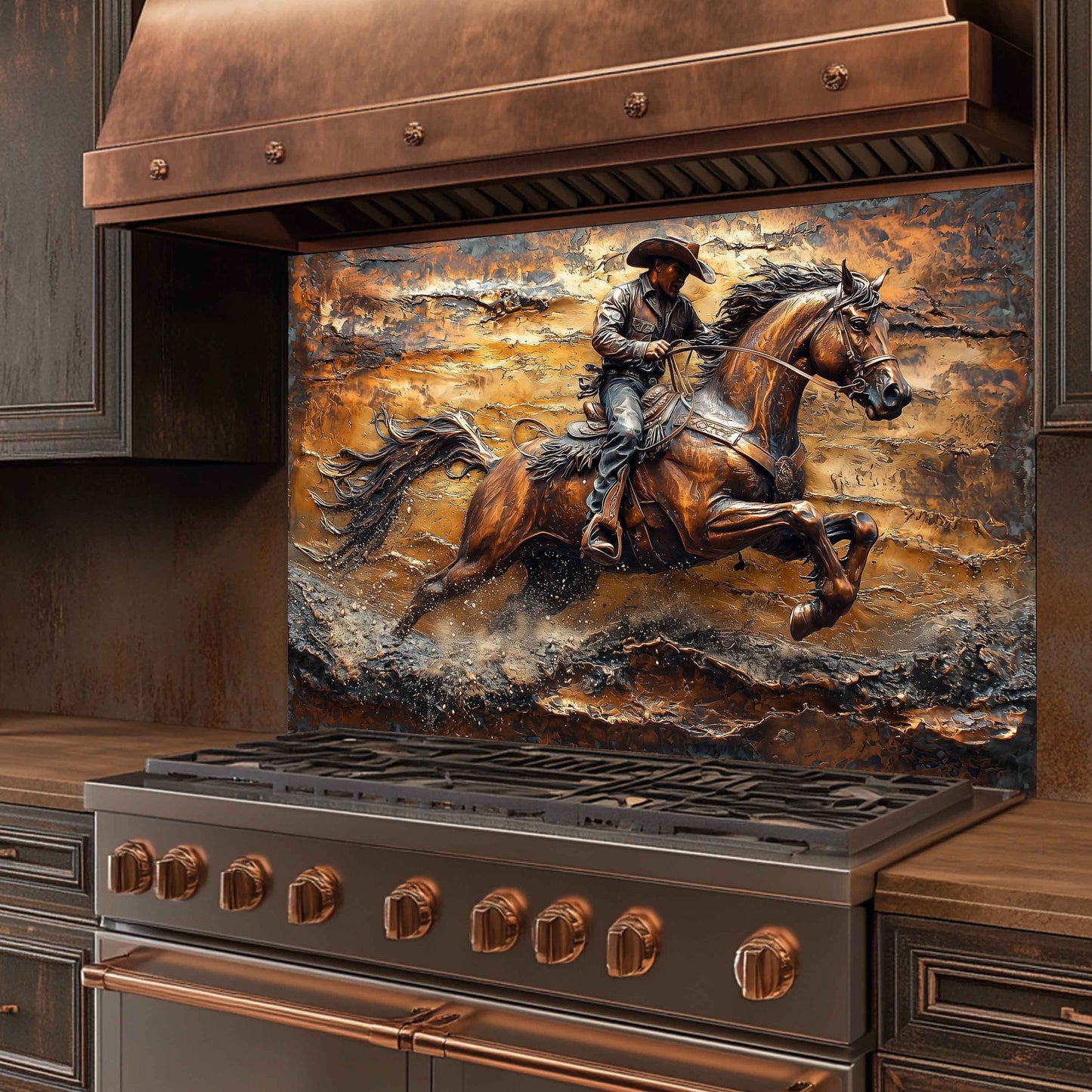 Tempered Glass Backsplash for Kitchen | Copper-Look Cowboy Galloping in Desert