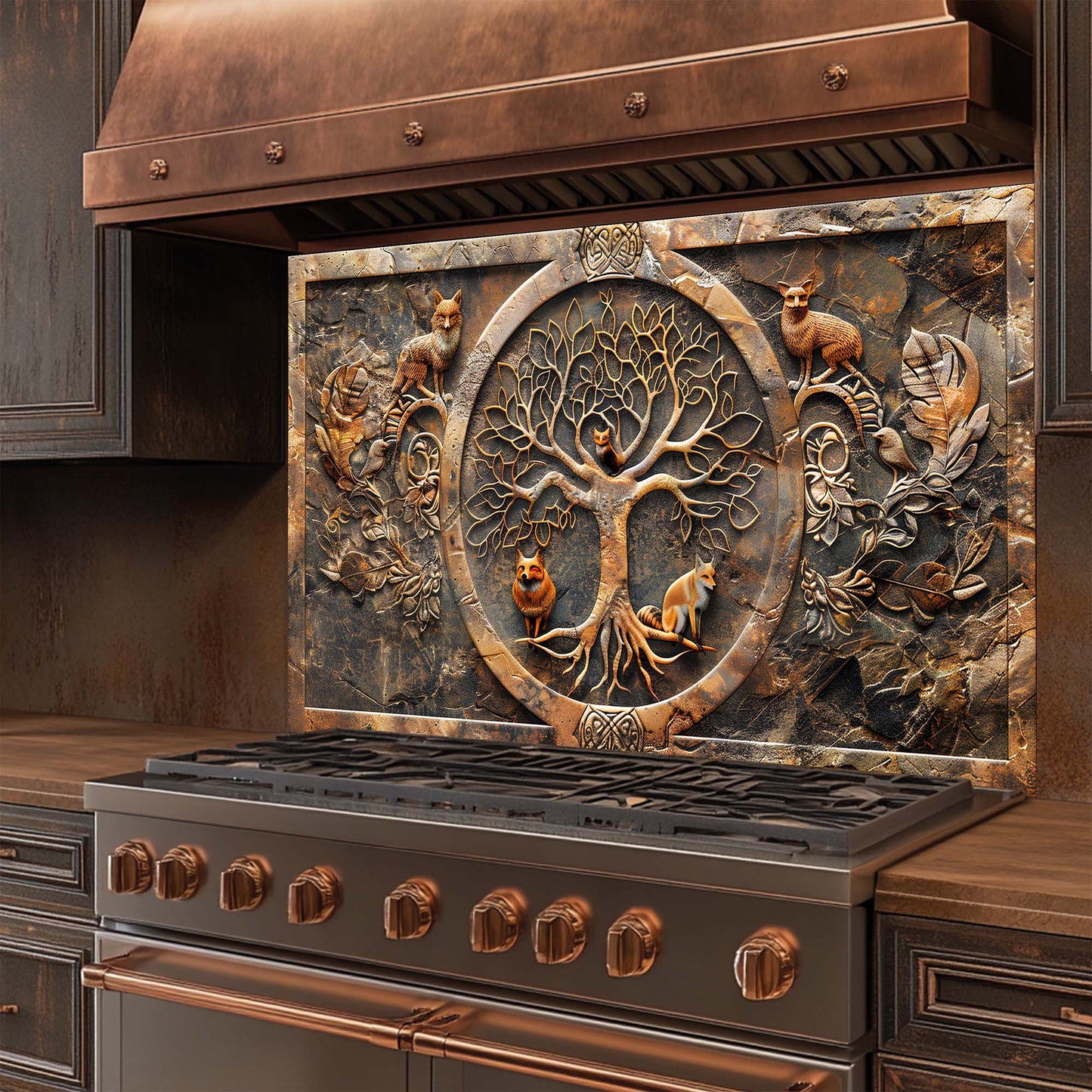 Fox Wisdom Tree – Tempered Glass Backsplash | Tree of Life with Forest Animals Backsplash