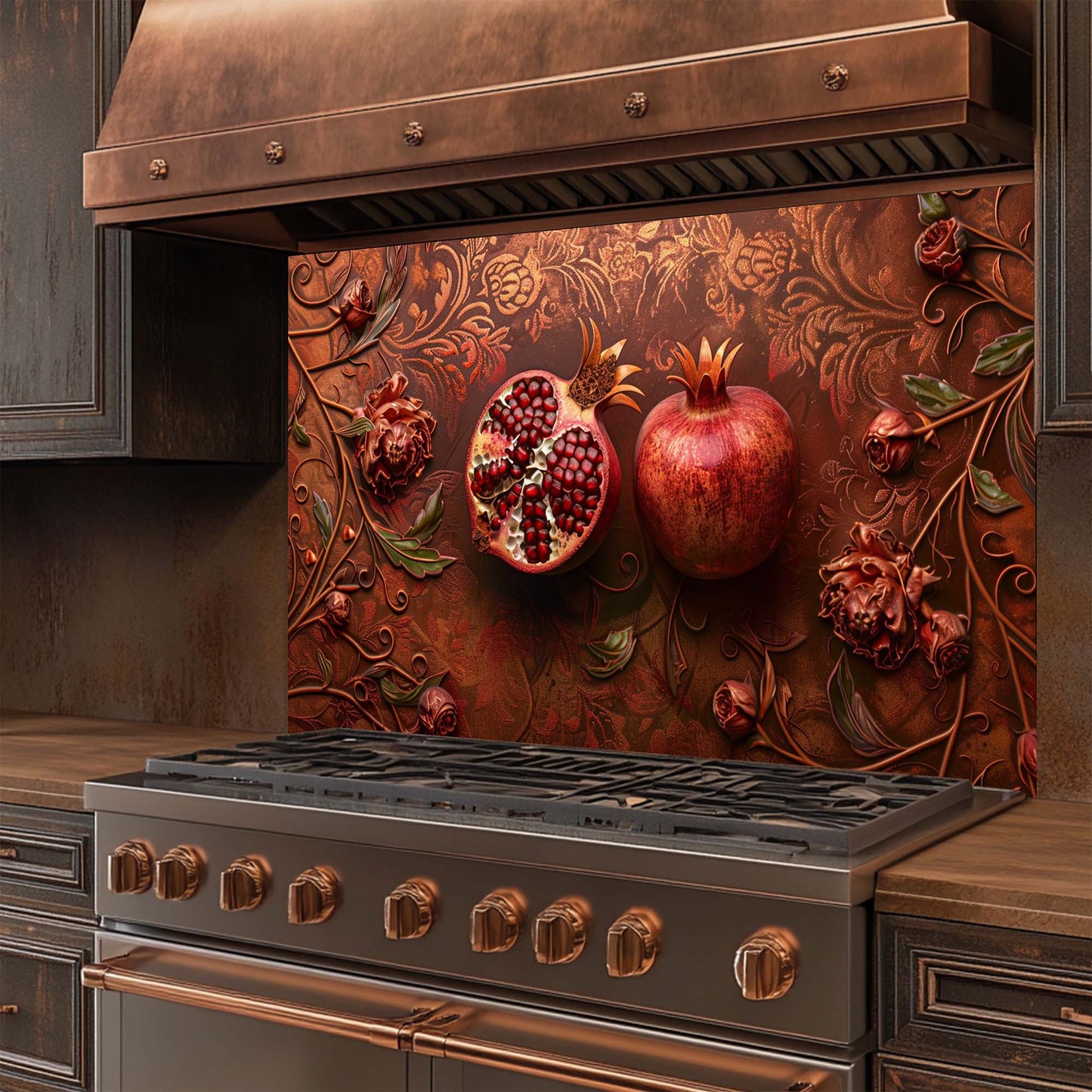 Pomegranate Bloom – Tempered Glass Backsplash | Red Fruit & Floral Kitchen Backsplash