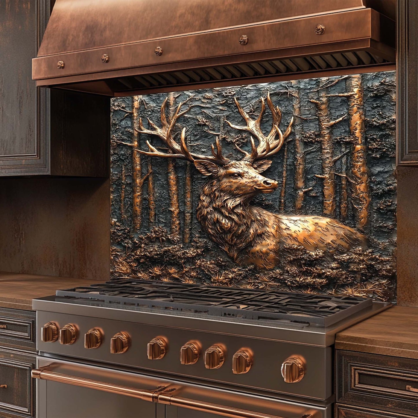Forest Stag – Tempered Glass Backsplash for Kitchen Stove | Copper Look Backsplash
