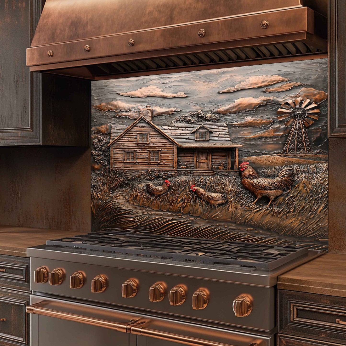 Copper Look Tempered Glass Backsplash for Kitchen | Rustic Cabin, Rooster & Windmill Design