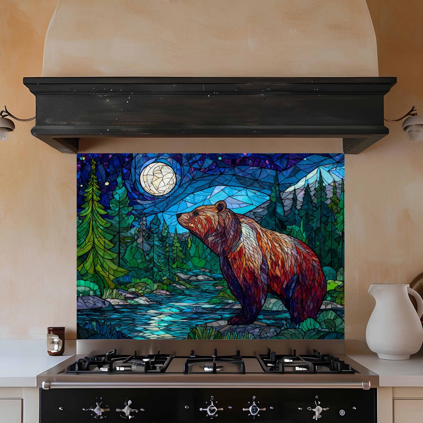 Moonlit Strength Kitchen Backsplash – Mosaic Stained Glass Look Bear Night Scene