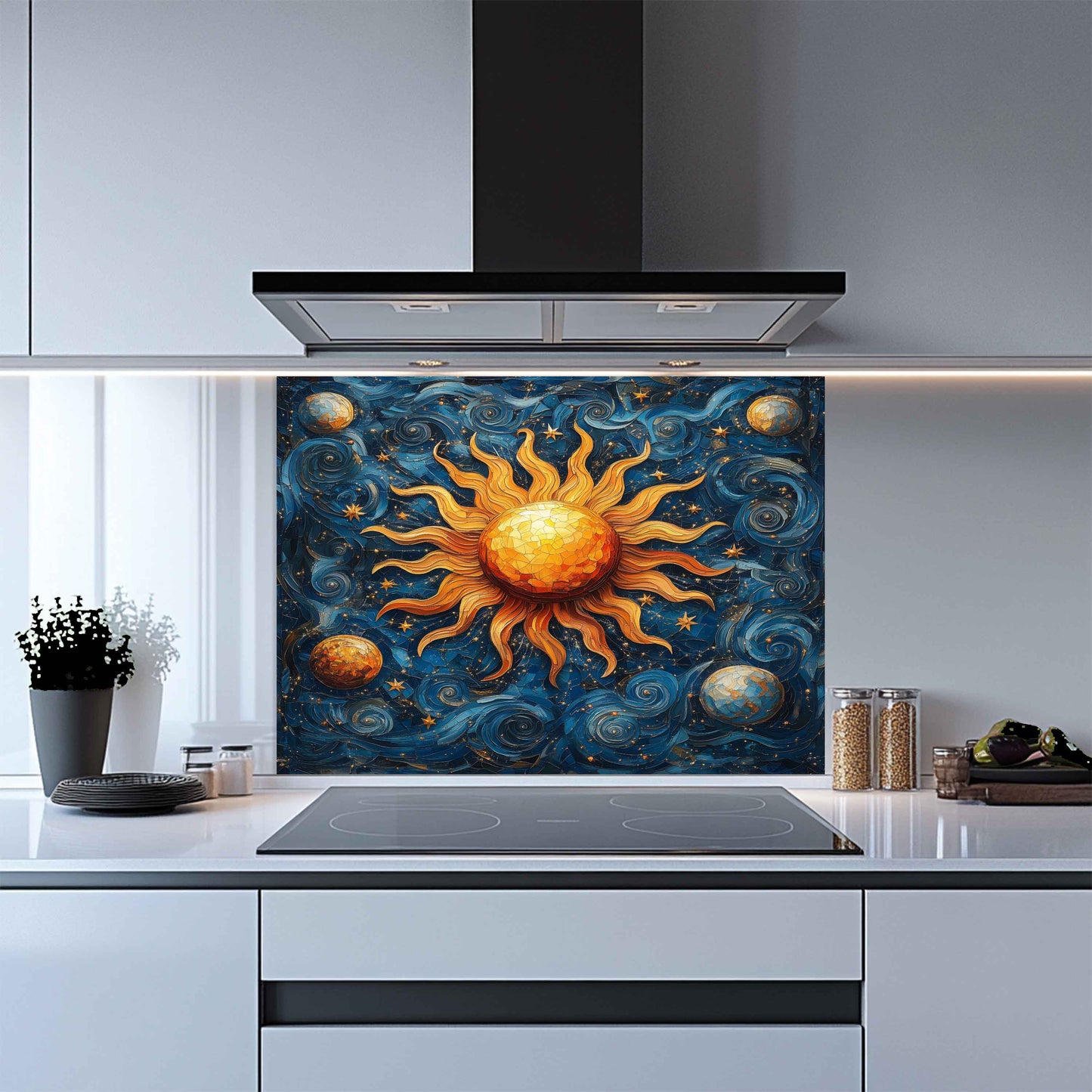Solar Waltz Tempered Glass Backsplash – Cosmic Sun and Galaxy Kitchen Splashback