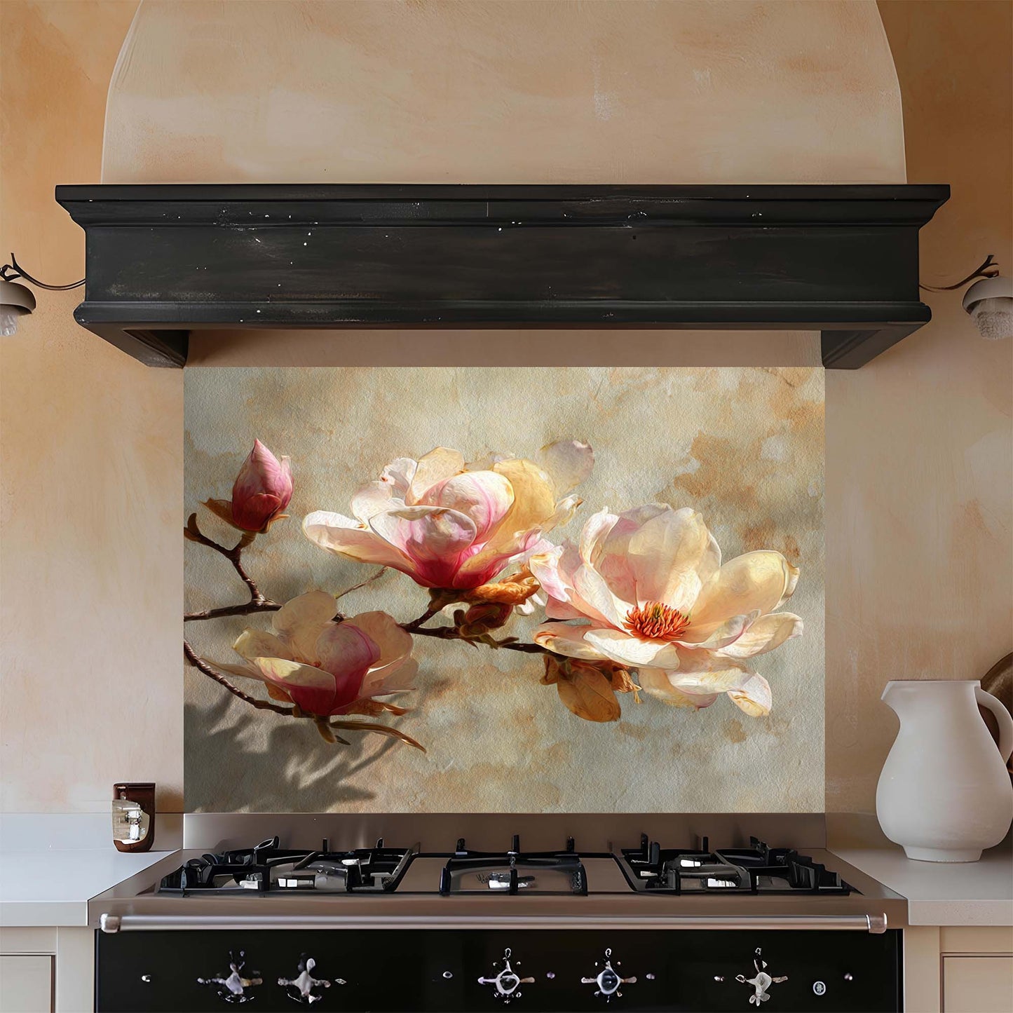 Golden Magnolia – Tempered Glass Backsplash for Kitchen – Vintage Floral Splashback