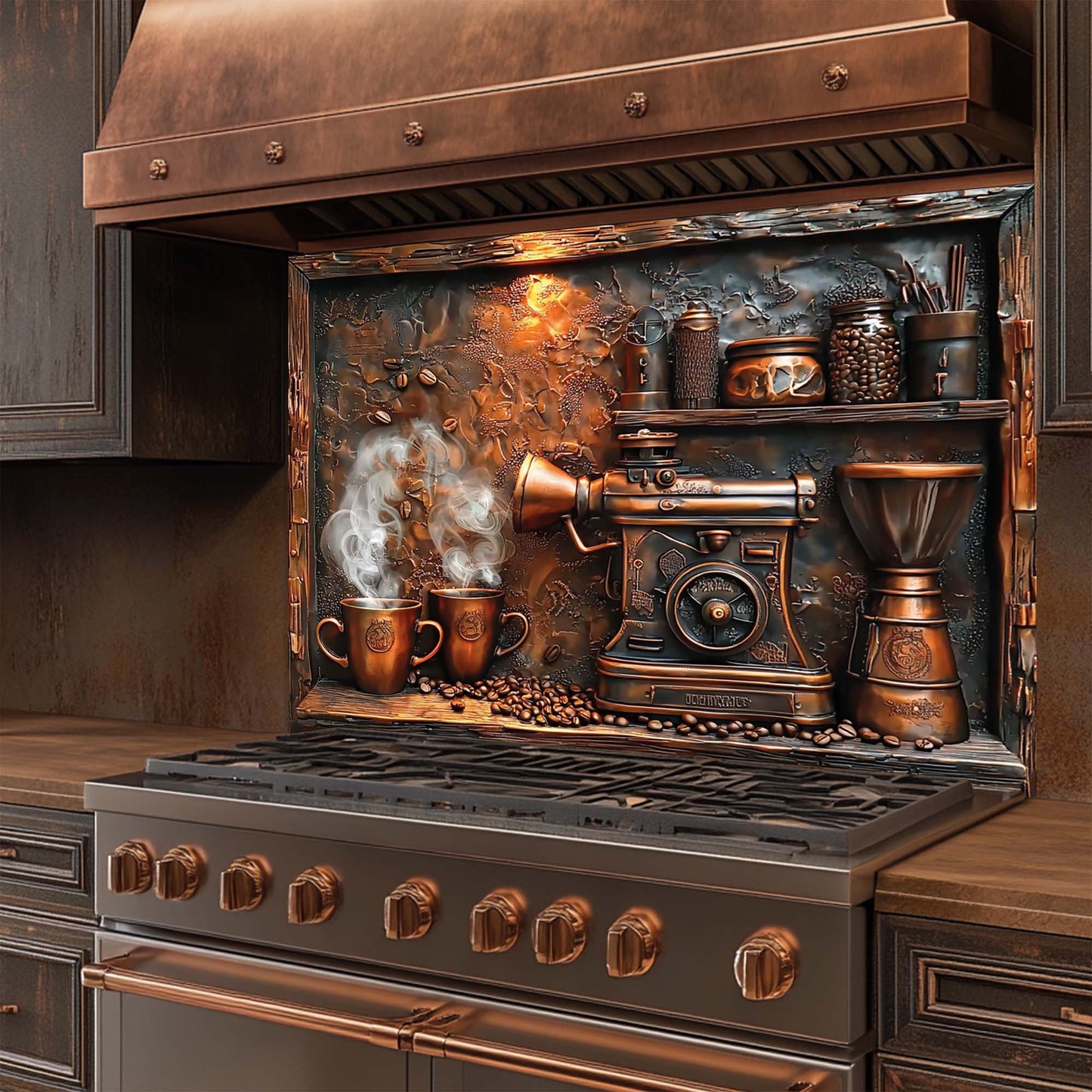 Copper Brew – Tempered Glass Backsplash for Kitchen | Coffee Machine Stove Backsplash