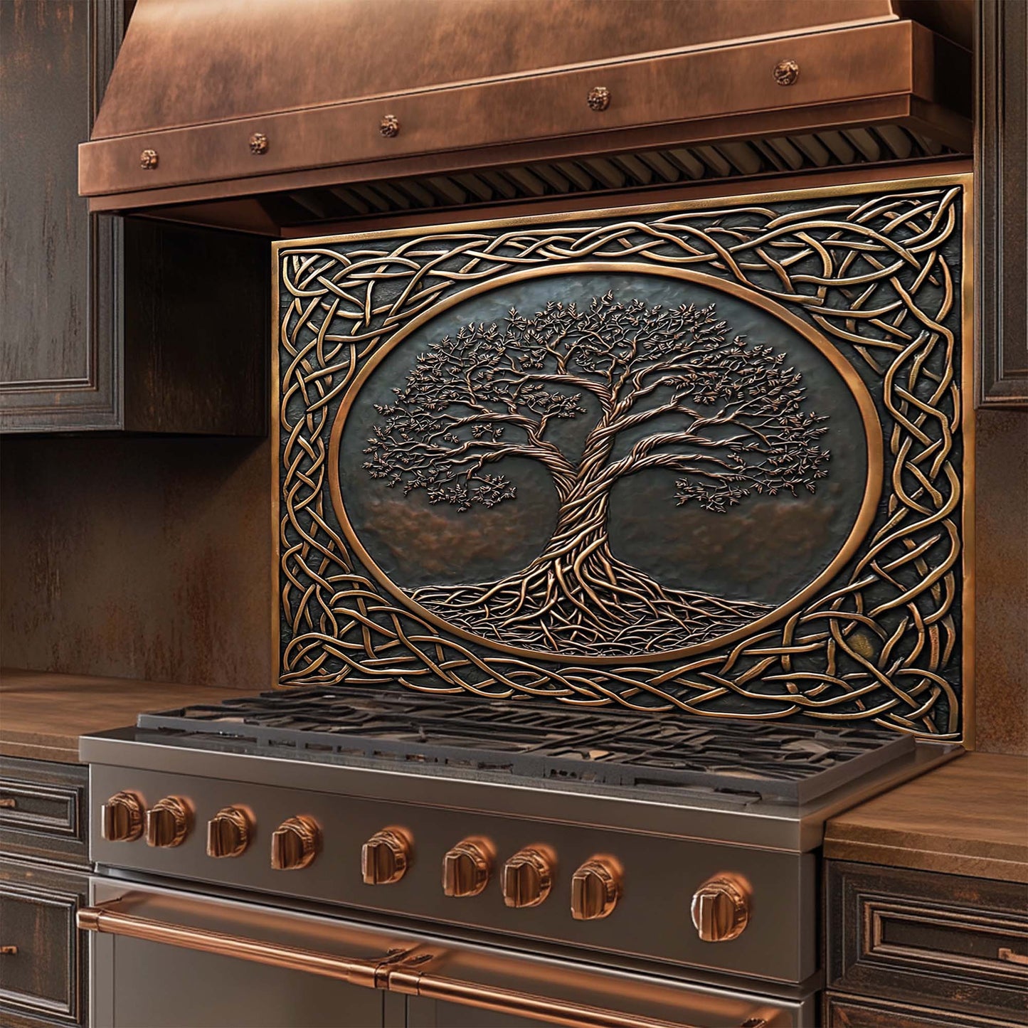 Timeless Root – Tempered Glass Backsplash for Stove | Tree of Life Copper Look Backsplash