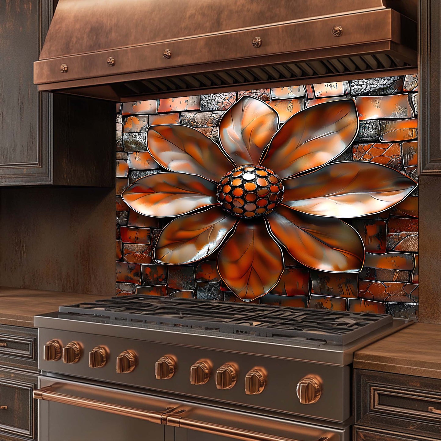 Copper Bloom – Tempered Glass Backsplash for Kitchen | Copper Look Flower Backsplash