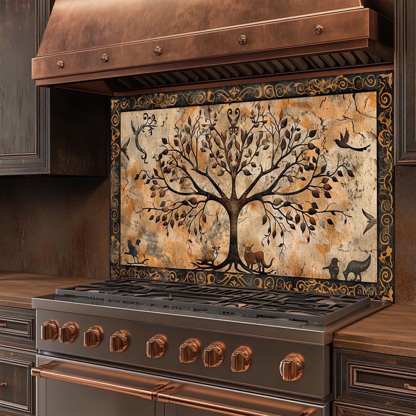 Golden Paws – Tempered Glass Backsplash for Kitchen | Tree of Life with Animals Backsplash