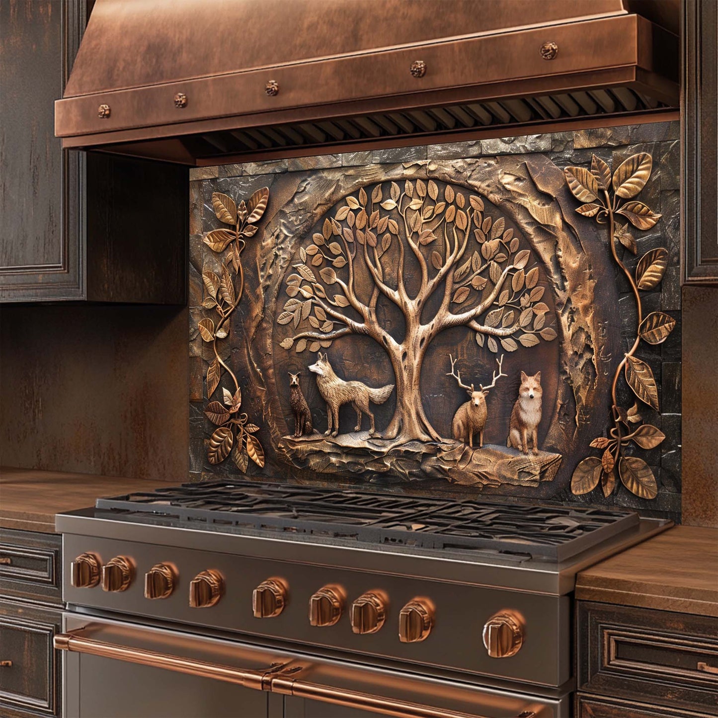 Bronze Den – Tempered Glass Backsplash for Kitchen | Copper Look Tree of Life Backsplash